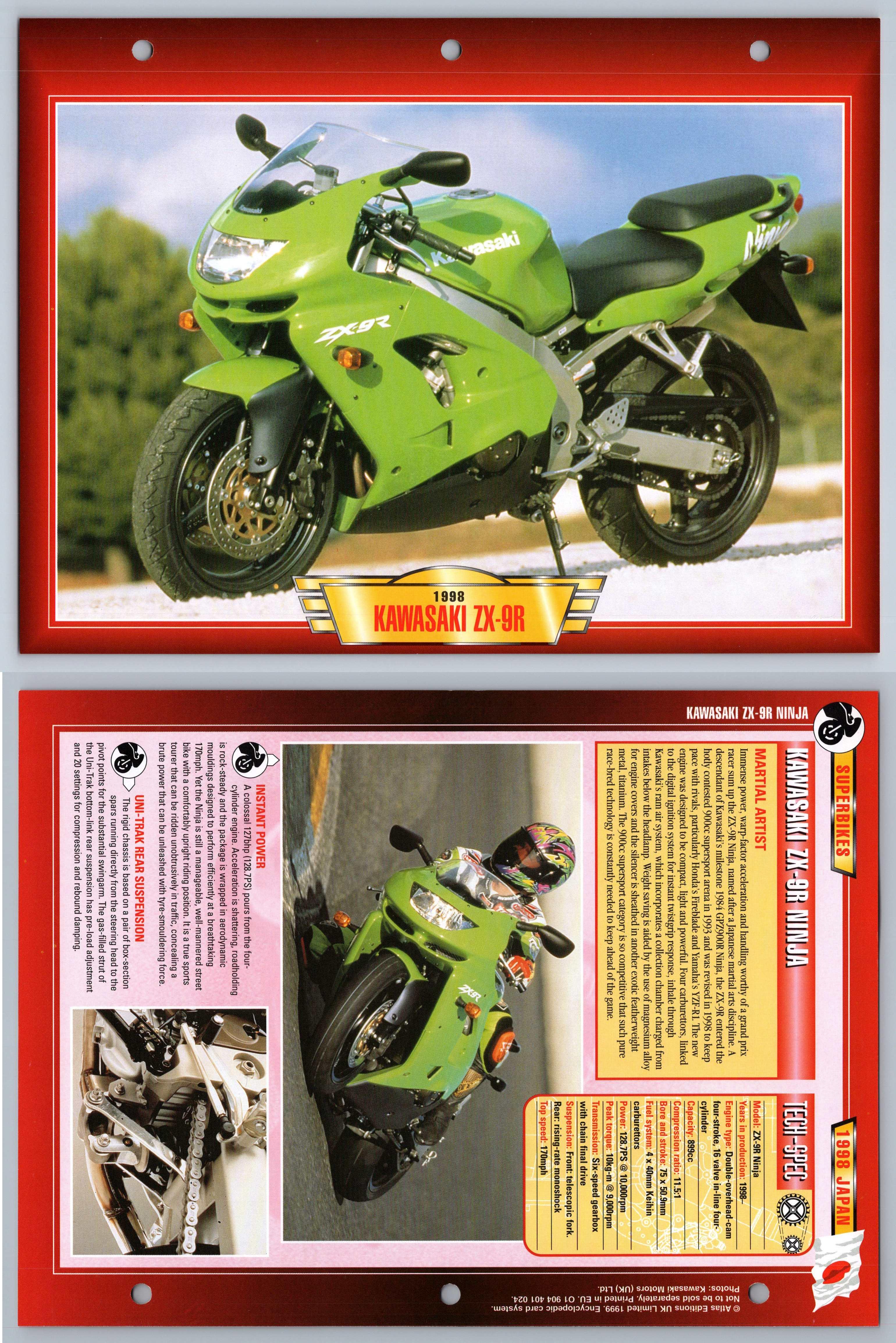 Kawasaki ZX 9R 1998 Superbikes Atlas Motorbike Fact File Card