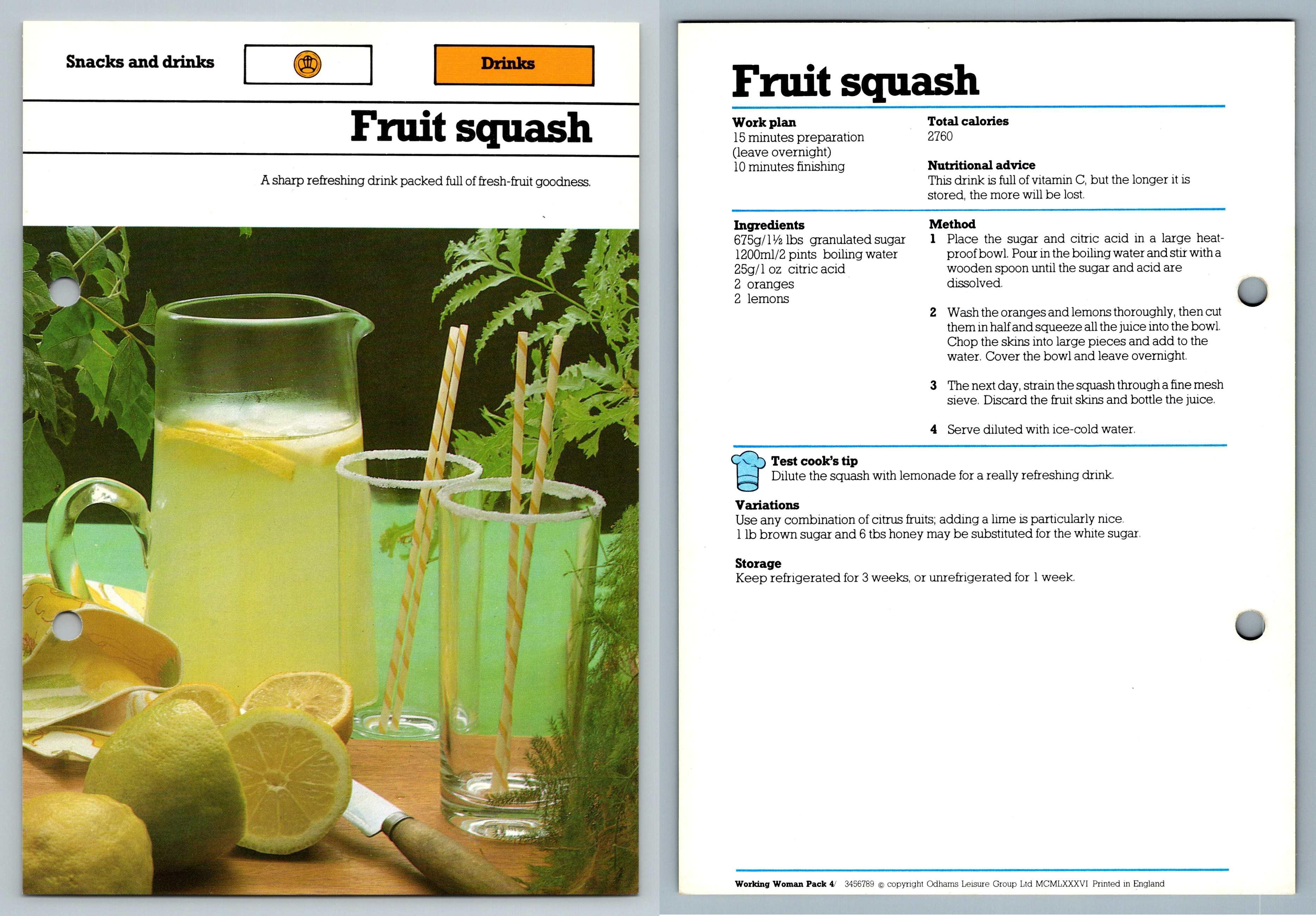 Fruit Squash Snacks Working Woman's 1980s Recipe Card