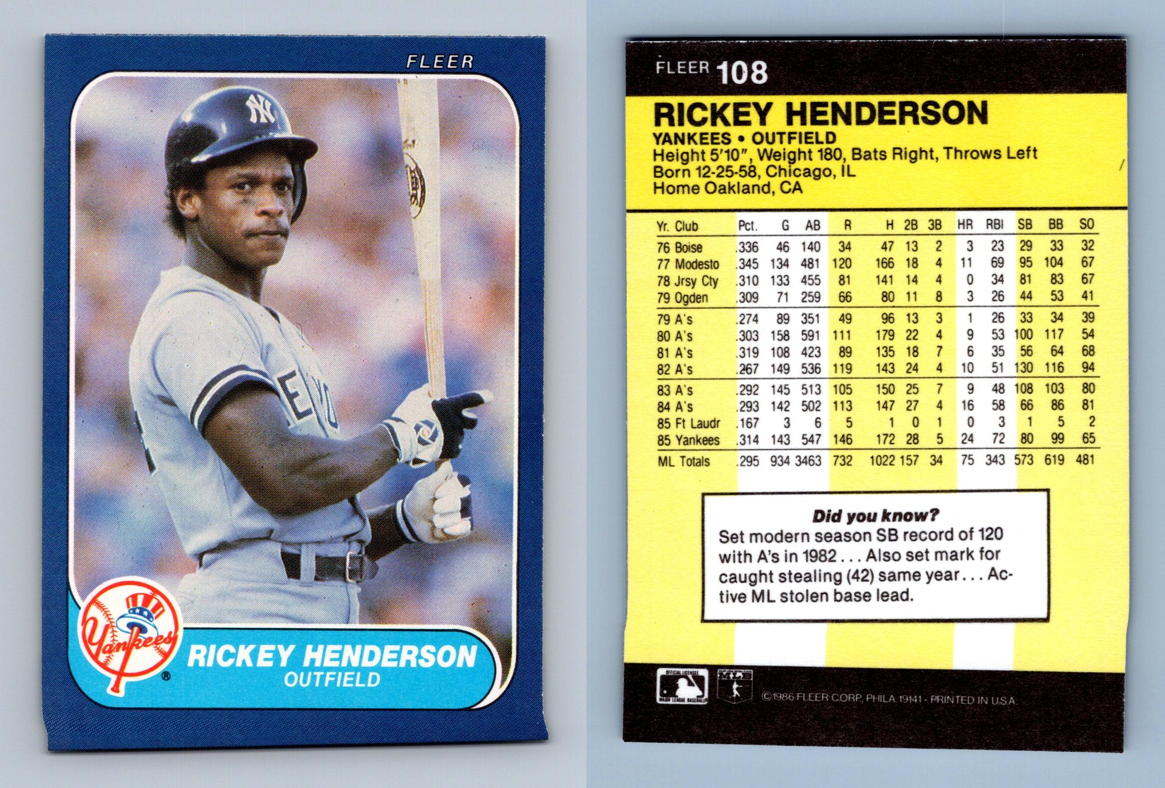 Rickey Henderson - Yankees #108 Fleer 1986 Baseball Trading Card