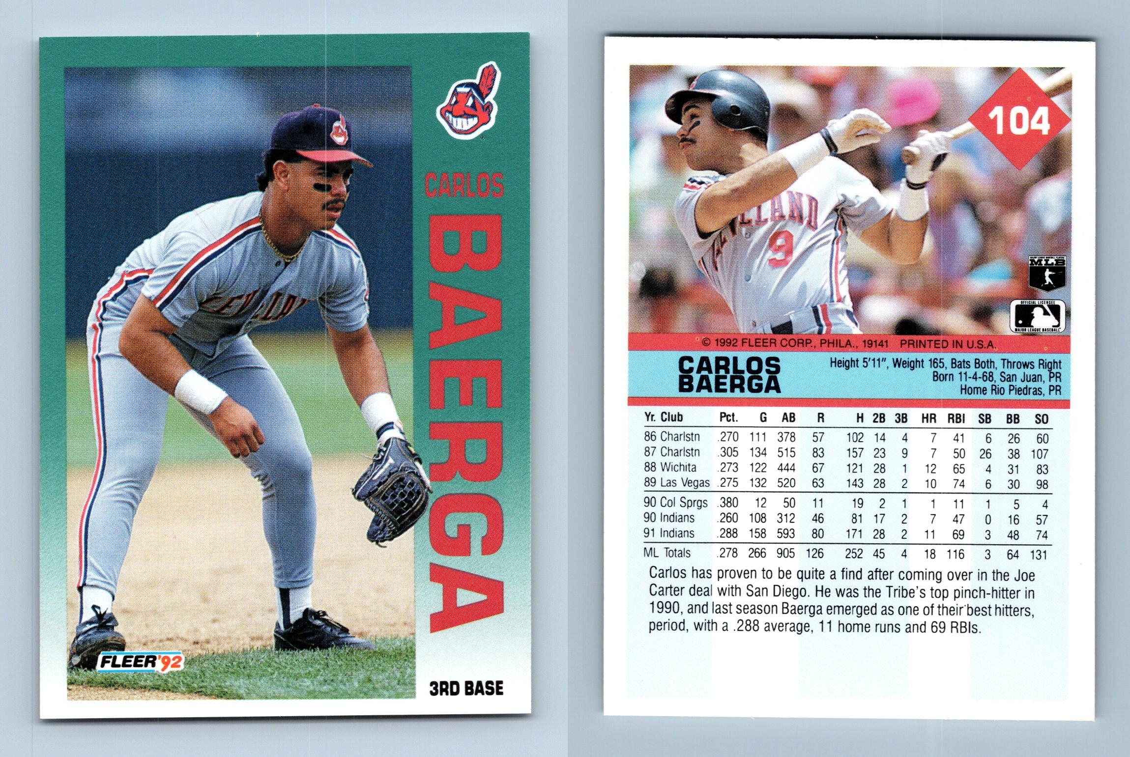 Carlos Baerga - Indians #104 Fleer 1992 Baseball Trading Card