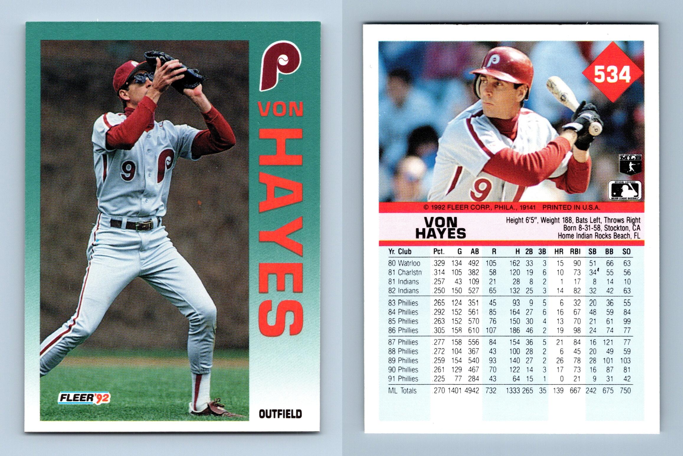 Von Hayes - Phillies #534 Fleer 1992 Baseball Trading Card