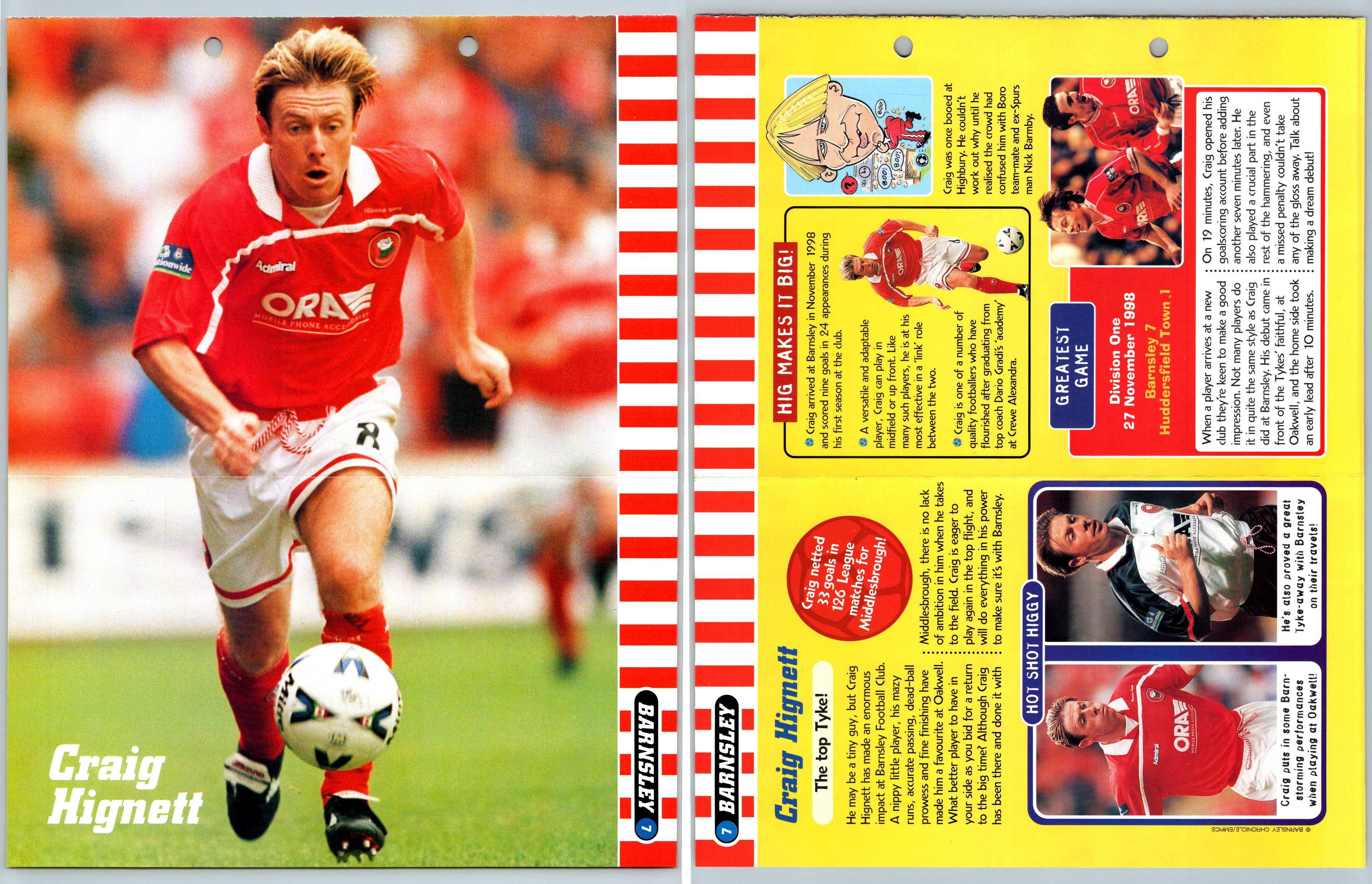 Craig Hignett - Barnsley #7 Football Magic 1998-9 Fact File Fold Out Page