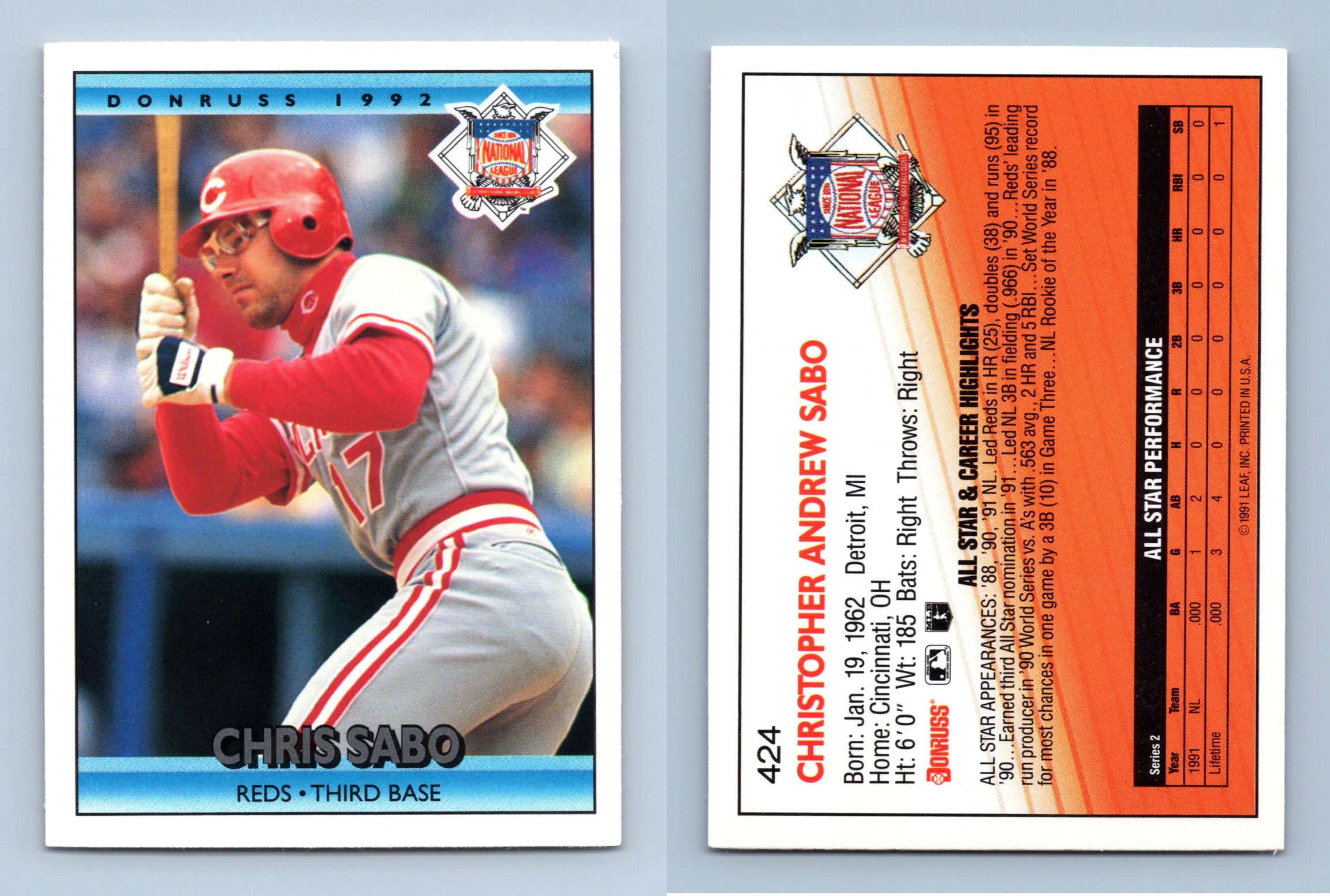 Chris Sabo - Reds #424 Donruss 1992 Baseball Trading Card
