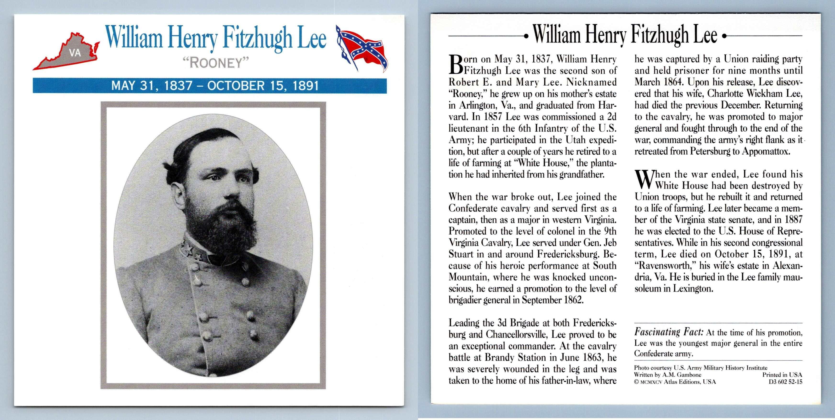 Rooney William Henry Fitzhugh Lee Officers Atlas Ed. Civil War Card