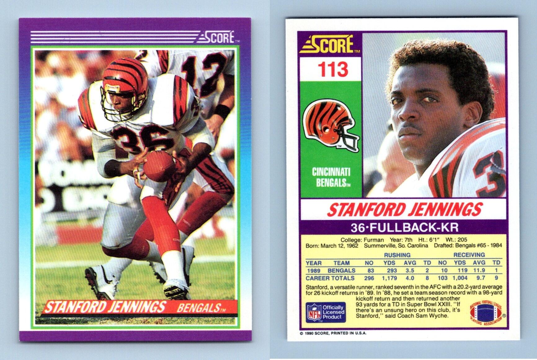 Stanford Jennings autographed football card (Cincinnati Bengals) 1990 Score  #113