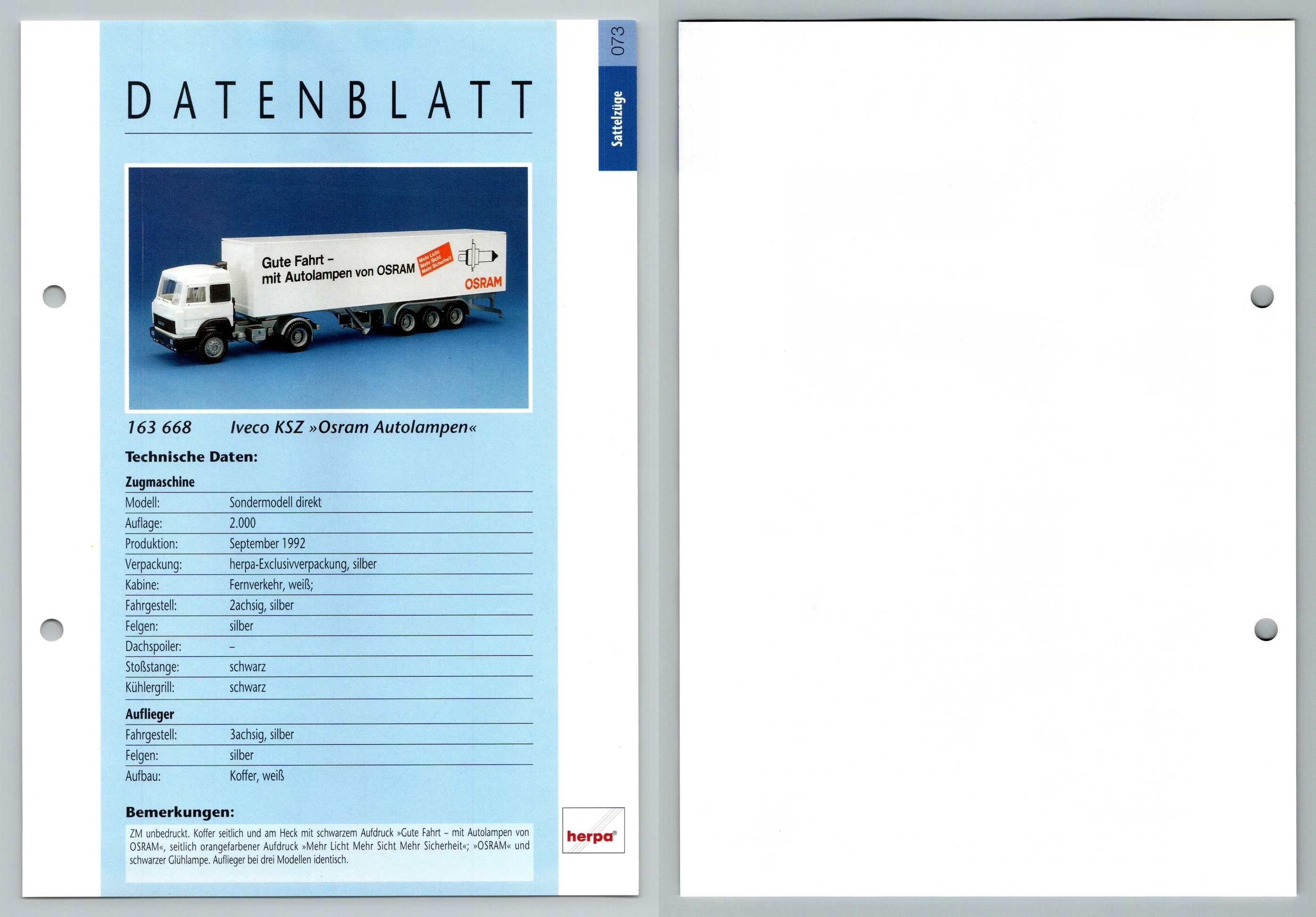 Iveco Ksz Osram Atulampen 73 Sattelzuge Datenblatt Herpa Data Sheet