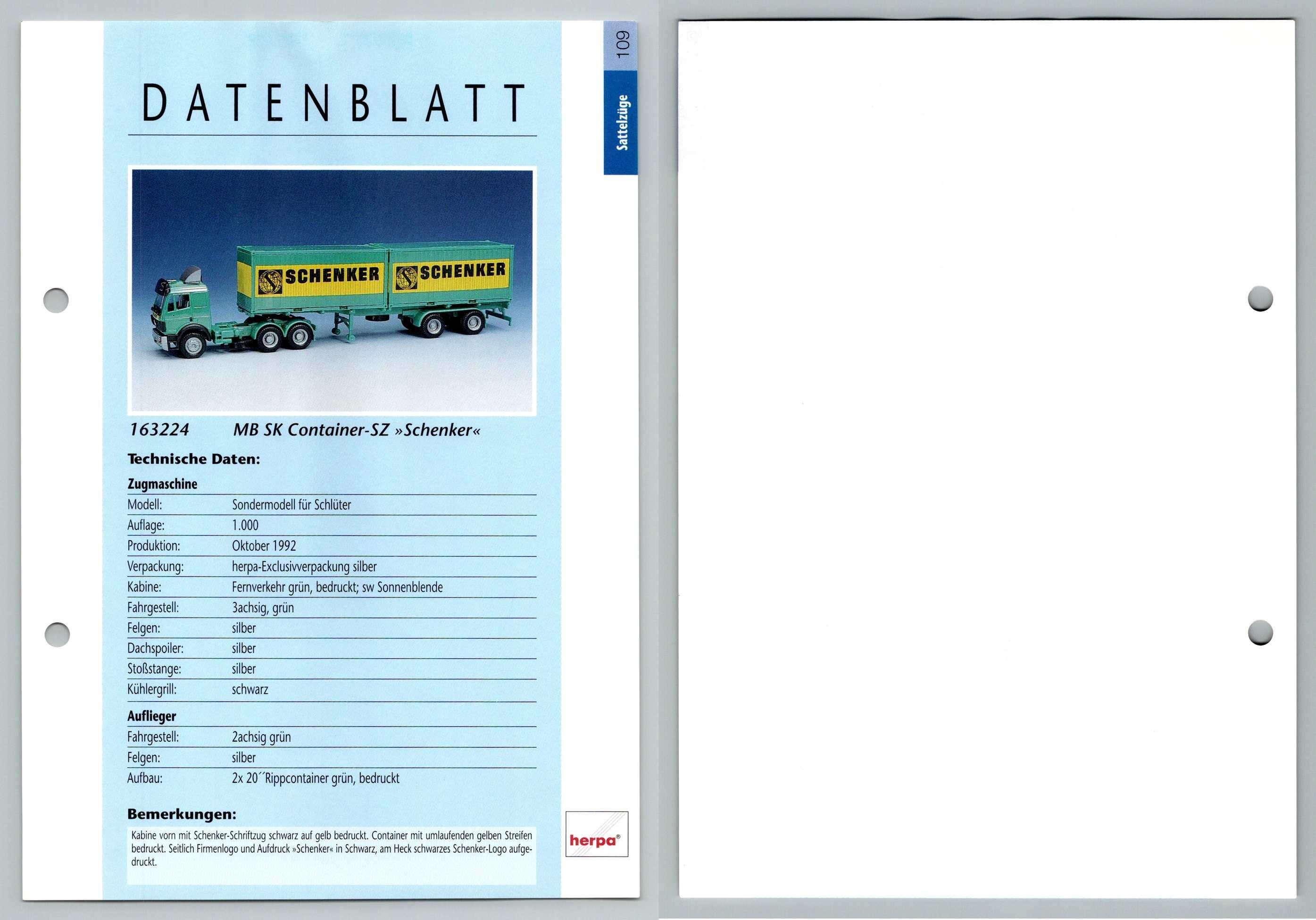 Mb Sk Container Sz Schenker 109 Sattelzuge Datenblatt Herpa Data Sheet