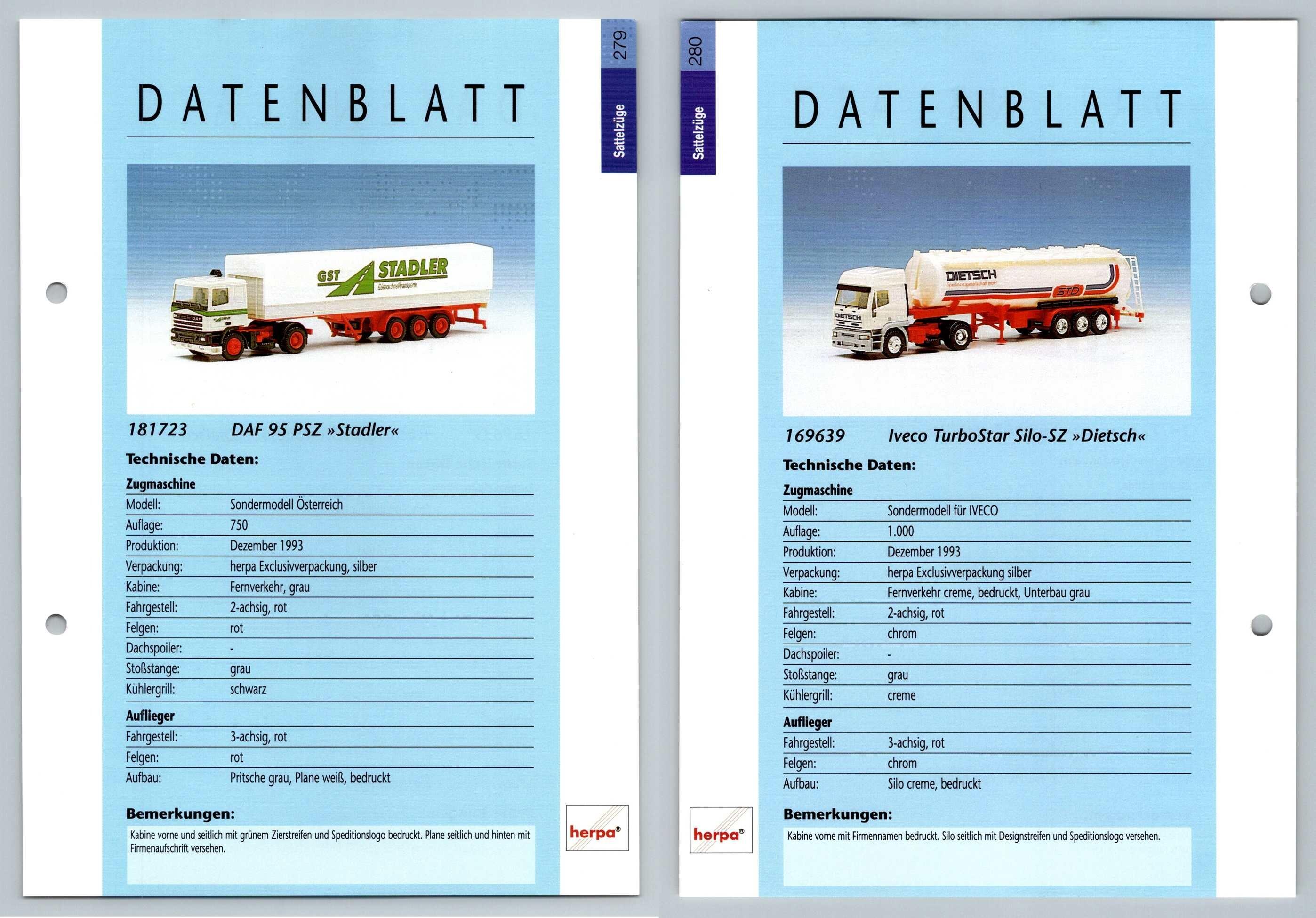 Daf 95 Psz Iveco Turbostar 279 280 Sattelzuge Datenblatt Herpa