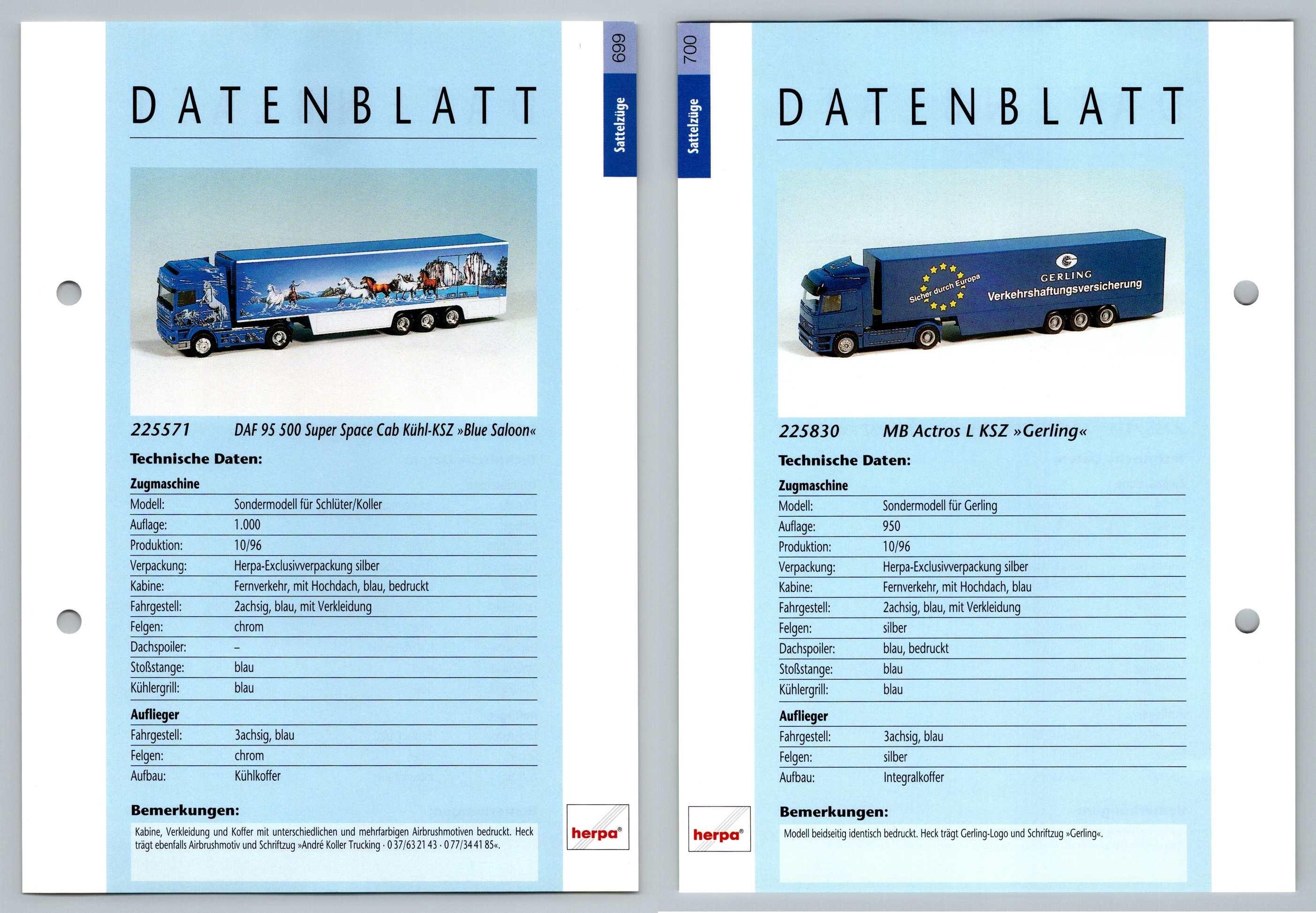 Daf 95 500 Mb Actros L 699 700 Sattelzuge Datenblatt Herpa Data Sheet