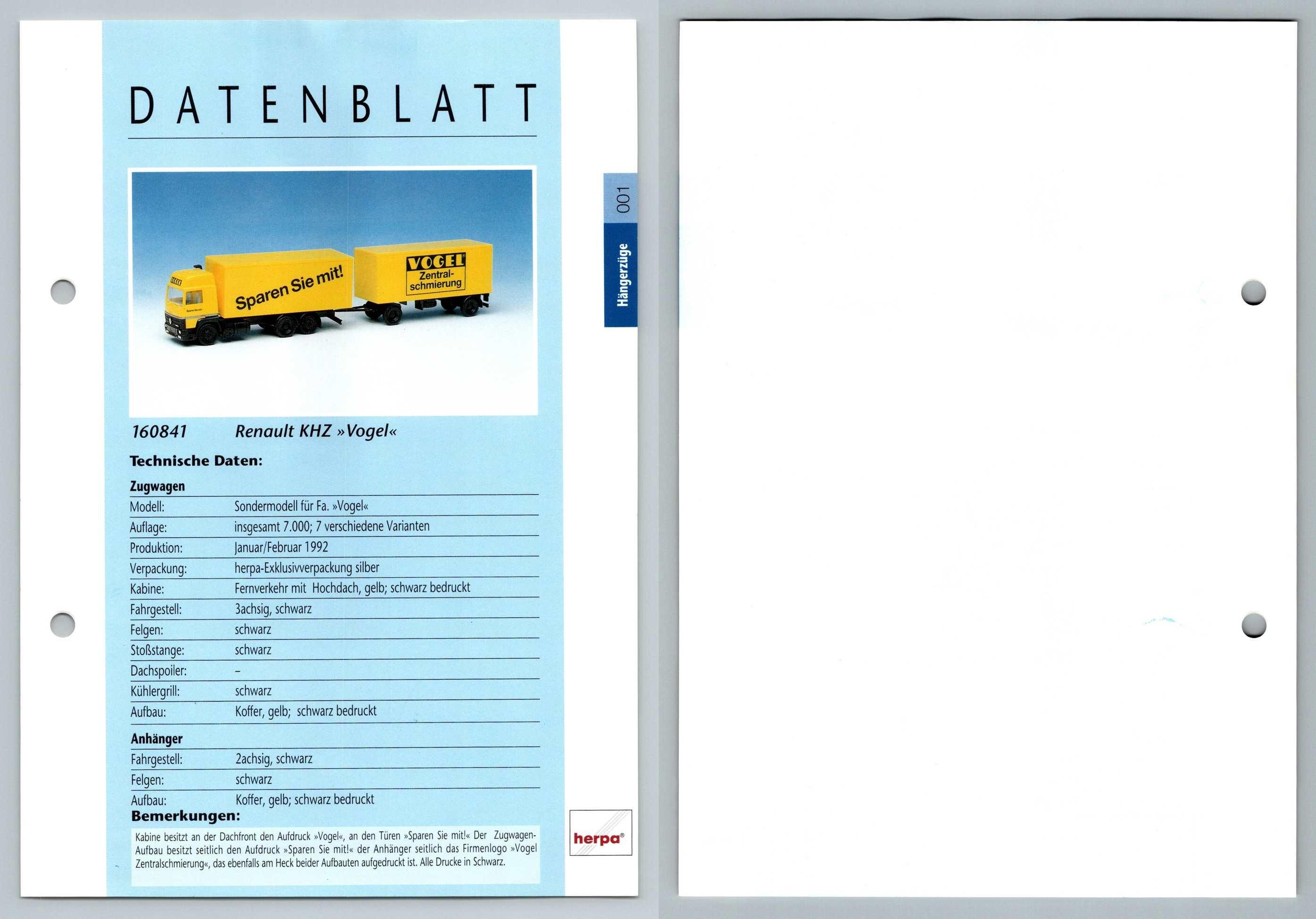 Renault Khz Vogel 1 Hangerzuge Datenblatt Herpa Data Sheet