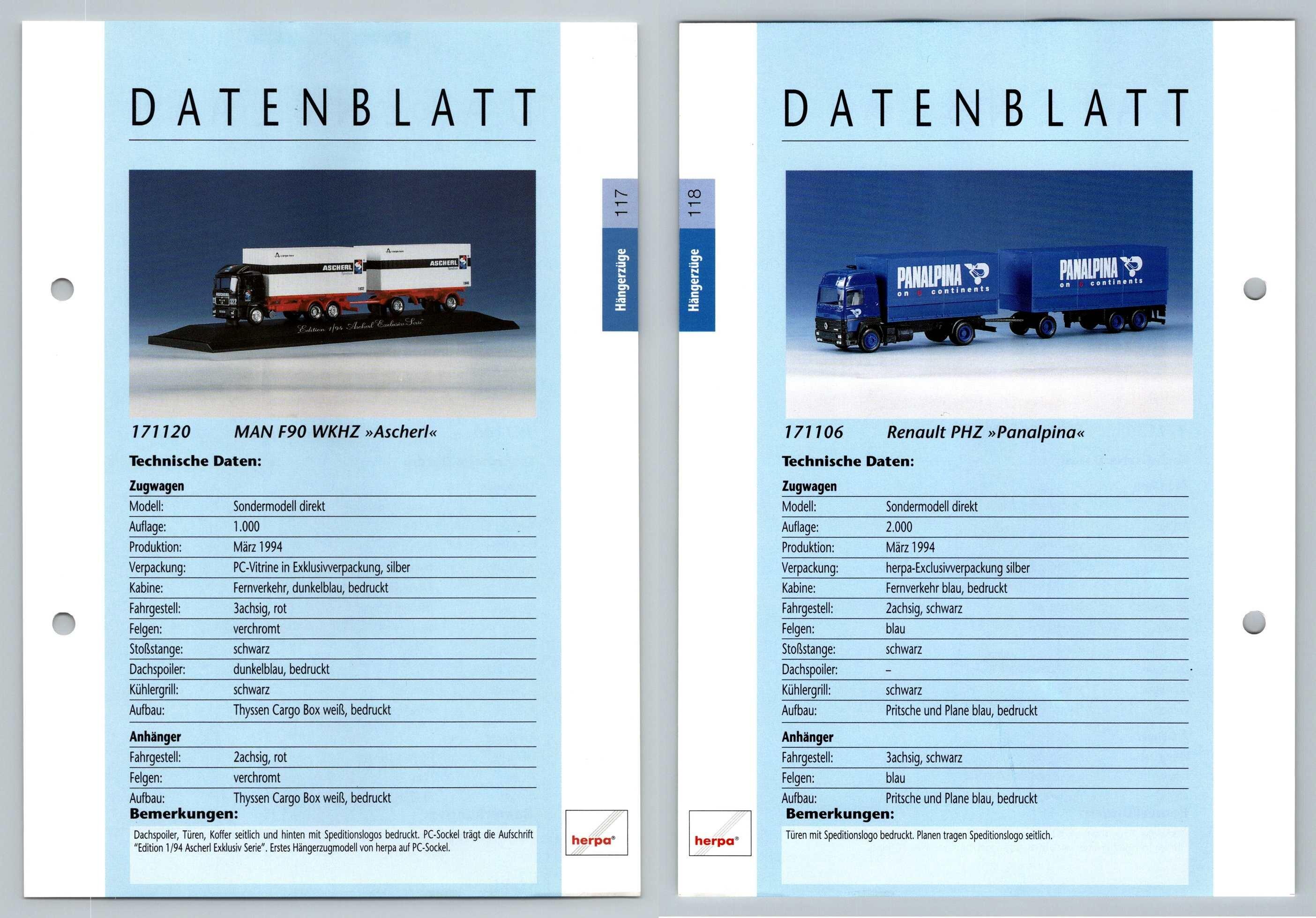 Man F90 Wkhz Renault Phz 117 8 Hangerzuge Datenblatt Herpa Data Sheet