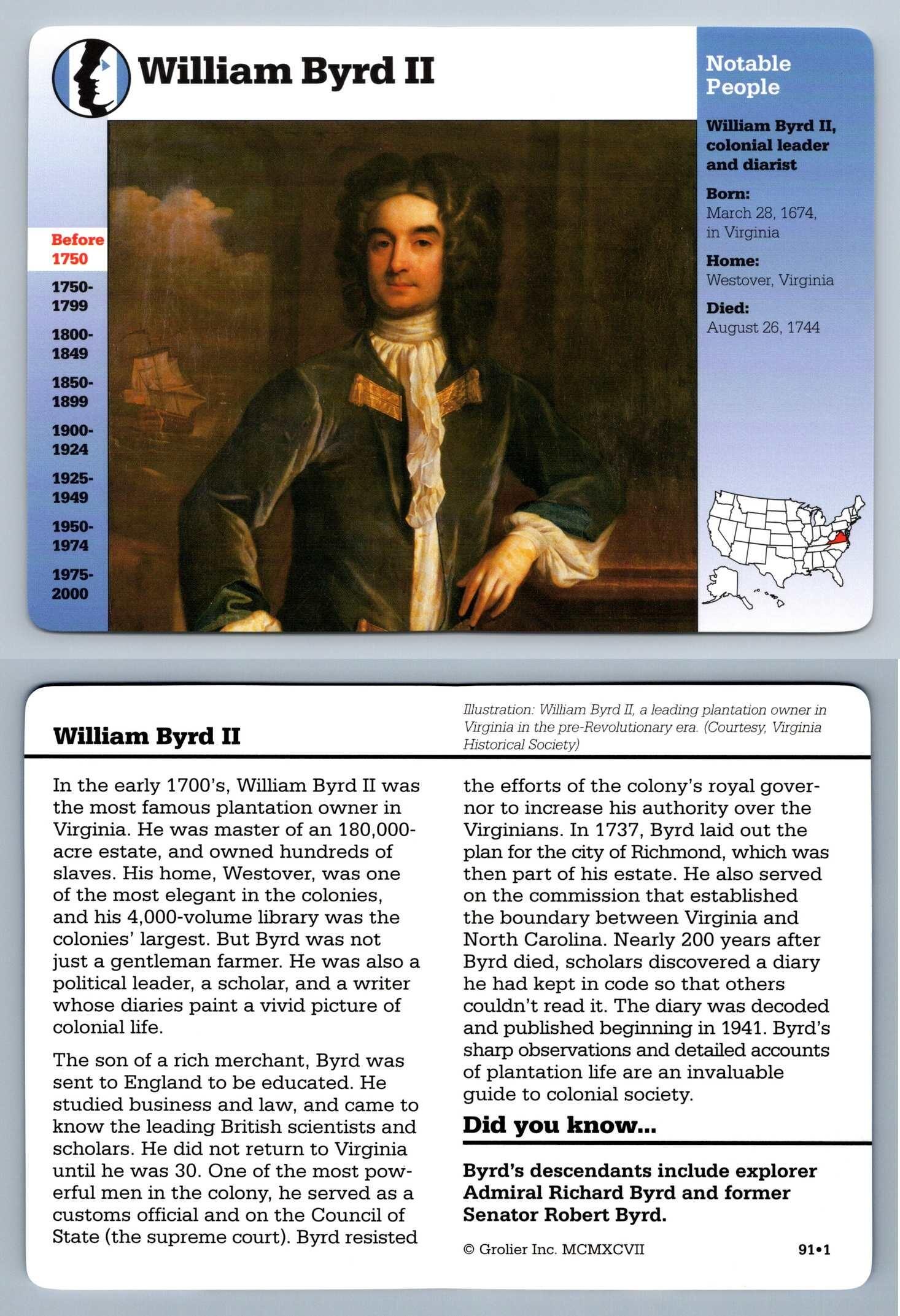 William Byrd II #91.1 Notable People - Story Of America Grolier Card