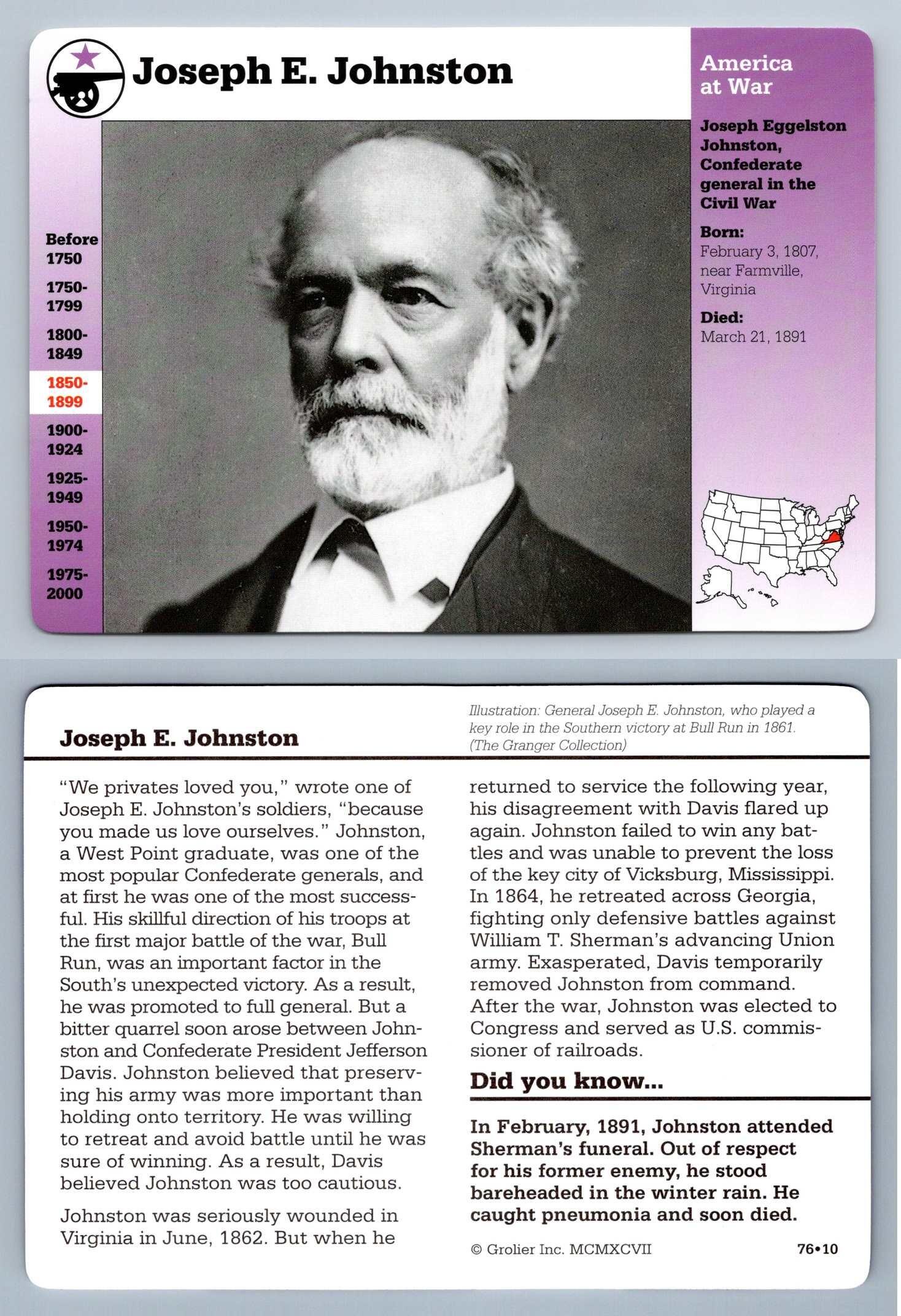 Joseph e johnston 76 10 war story of america grolier card