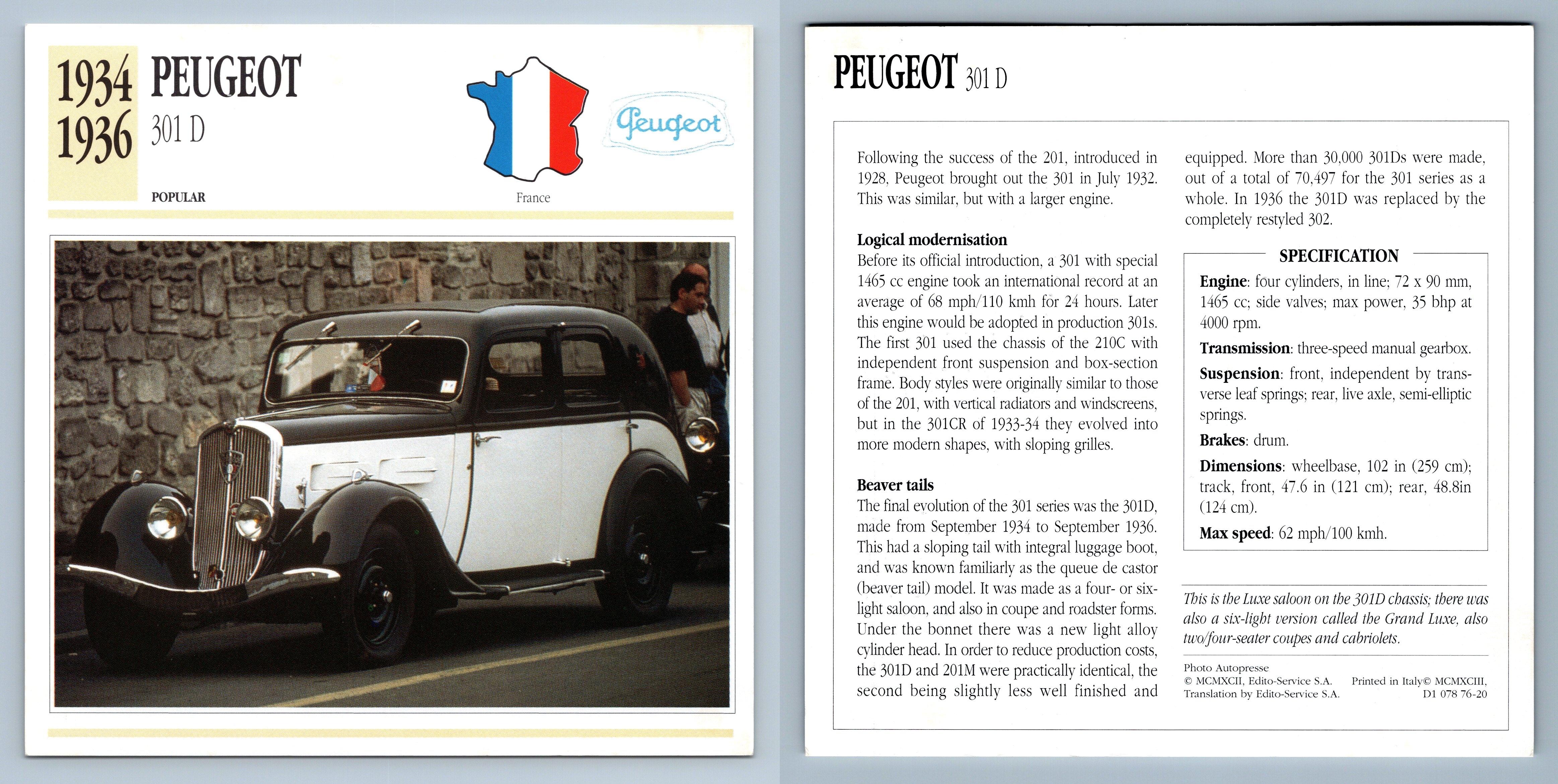 Peugeot - 301 D - 1934-36 Popular Collectors Club Card