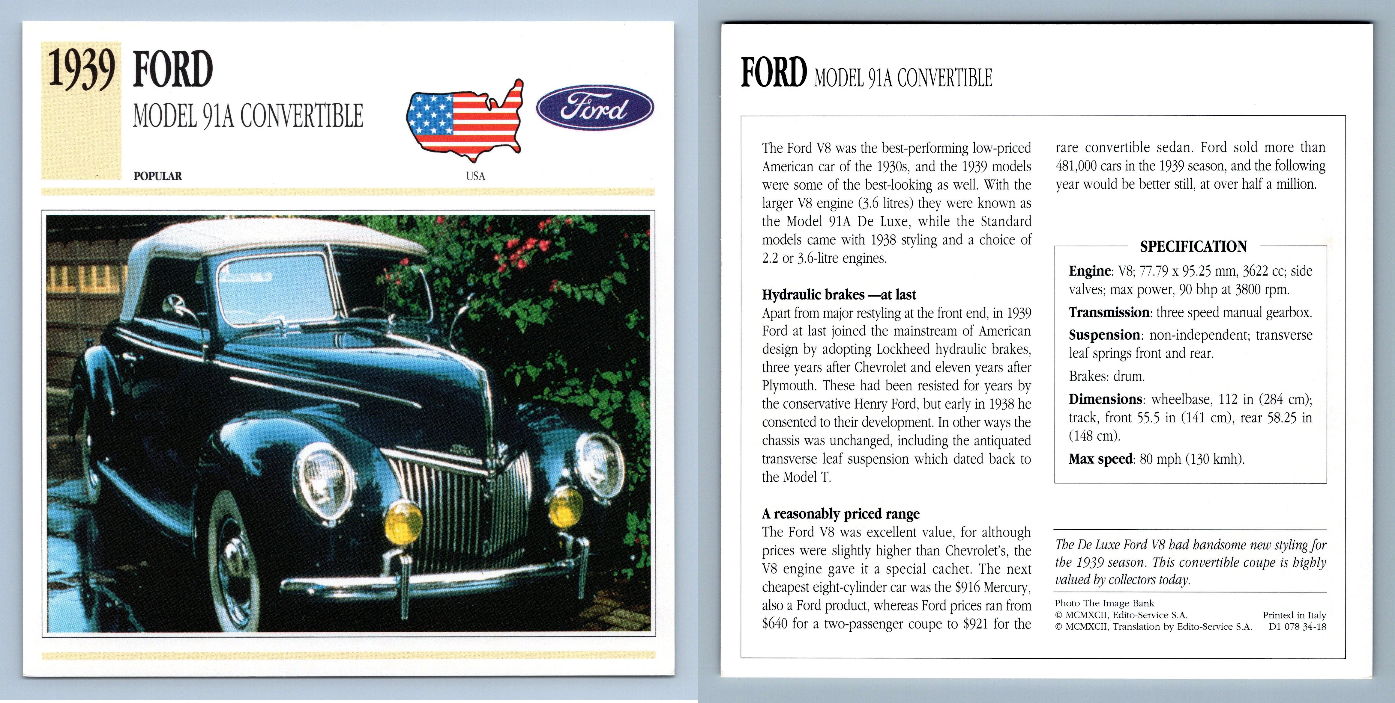 Ford - Model 91A Convertible - 1939 Popular Collectors Club Card - Picture 1 of 1