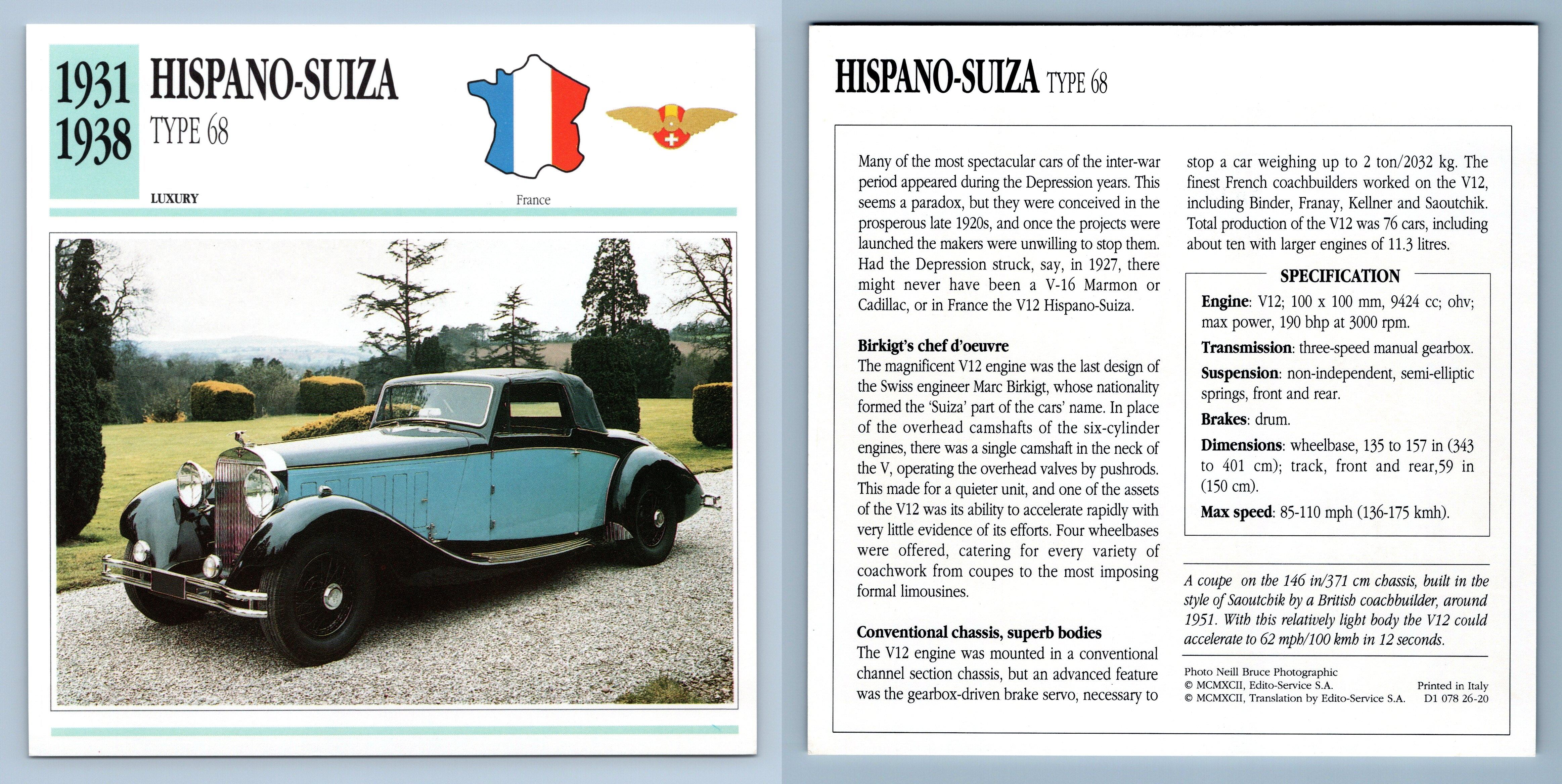 Hispano-Suiza - Type 68 - 1931-38 Luxury Collectors Club Card