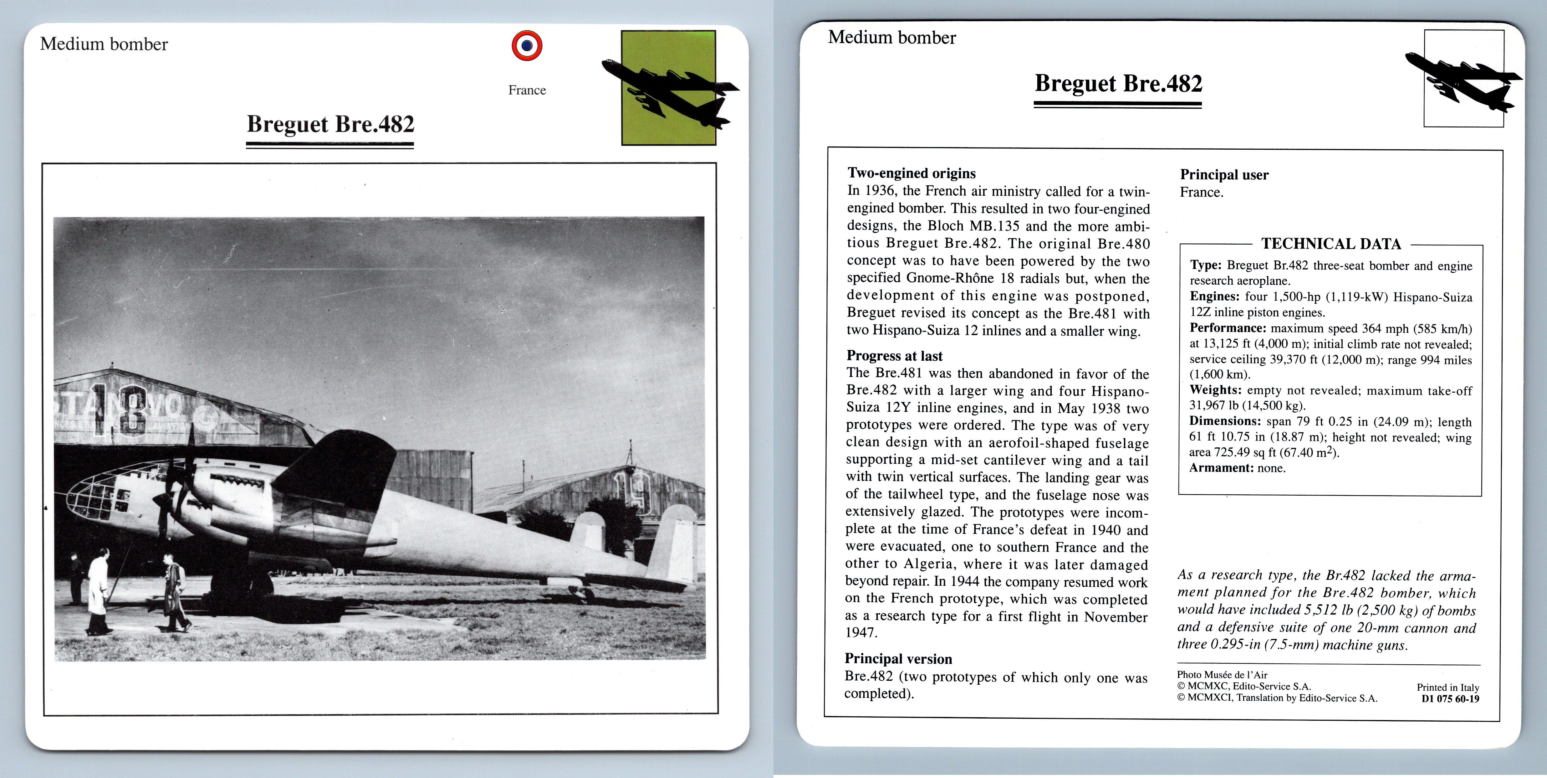 Breguet Bre.482 Medium Bomber Warplanes Collectors Club Card