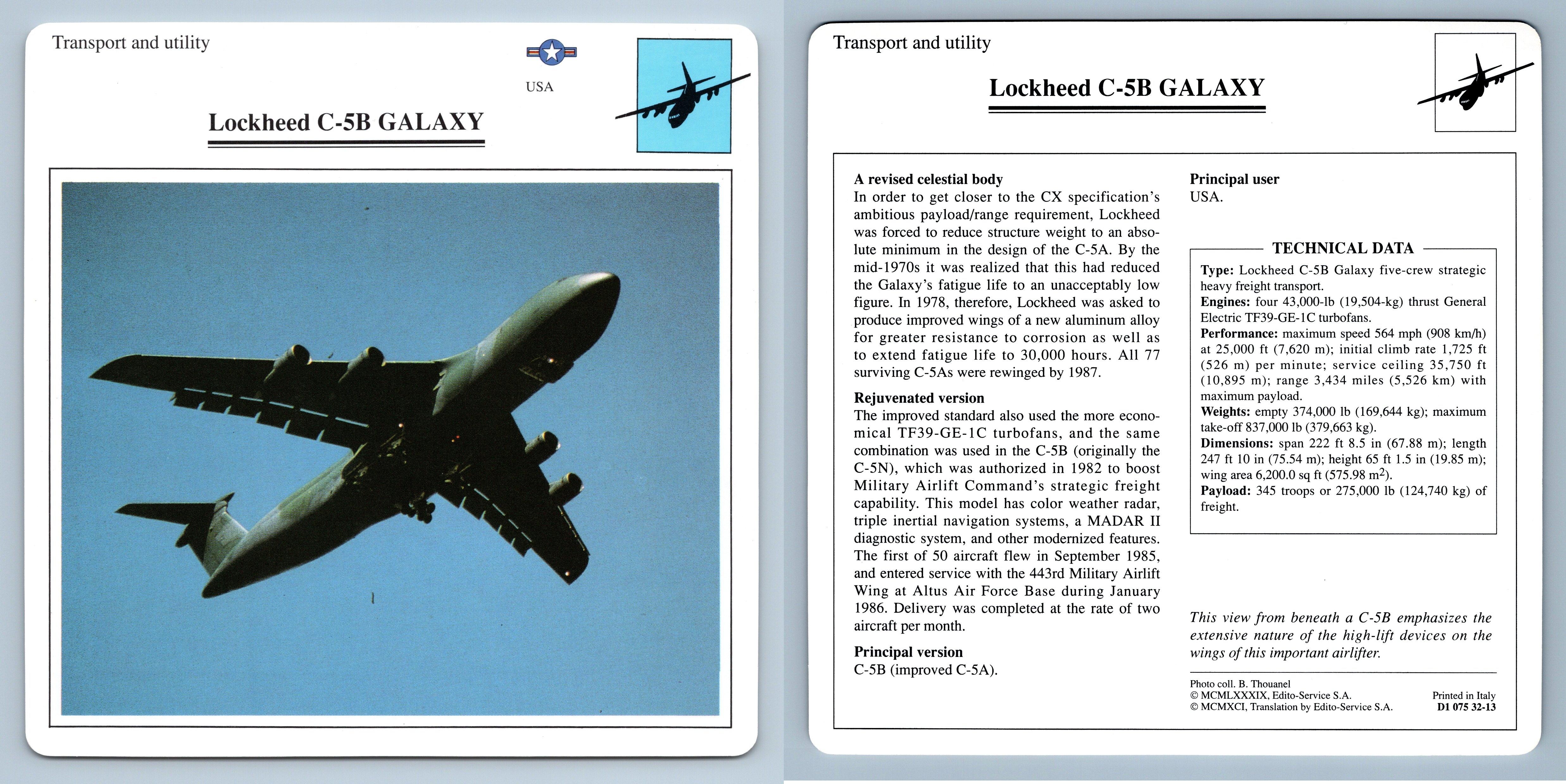 Lockheed C5B Galaxy Transport Warplanes Collectors Club Card