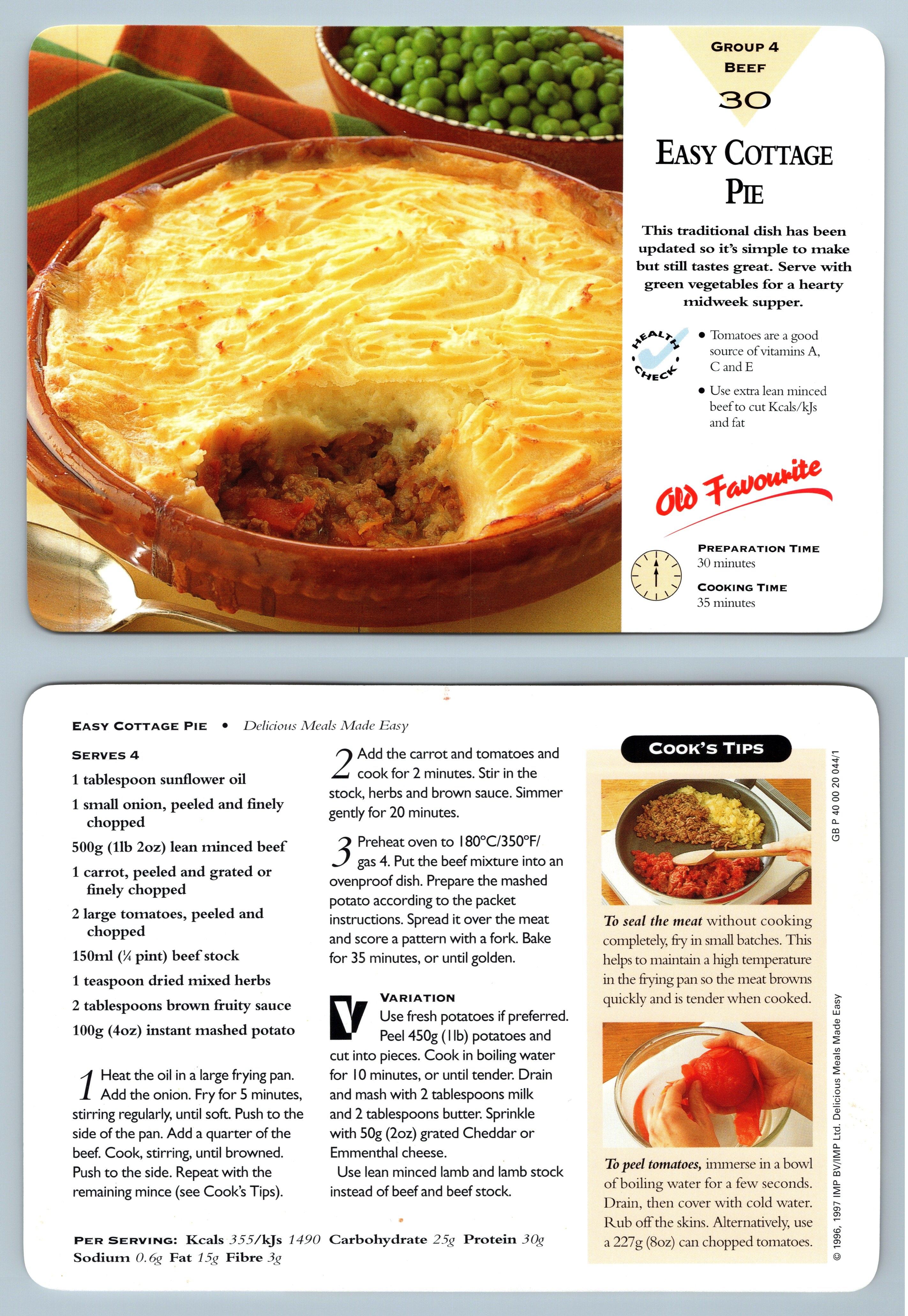 Easy Cottage Pie #30 Beef - Delicious Meals Made Easy 1996-7 Recipe Card