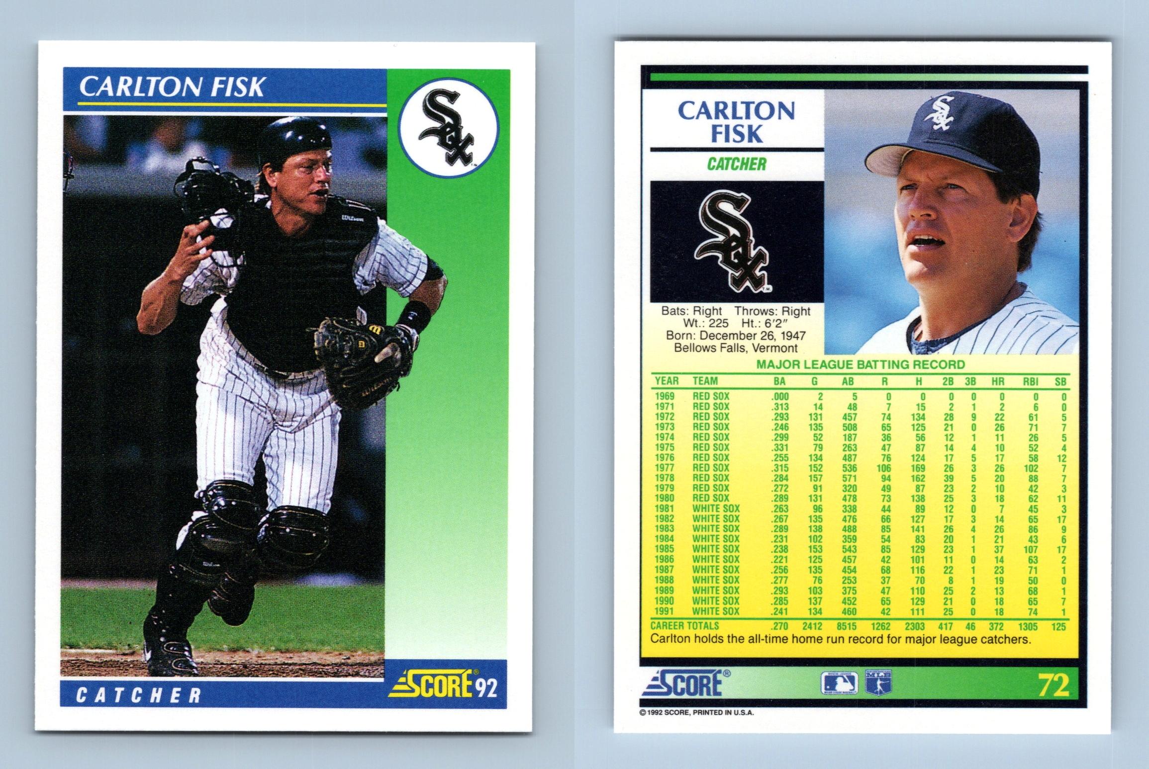 Carlton Fisk - White Sox - #72 Score 1992 Baseball Trading Card