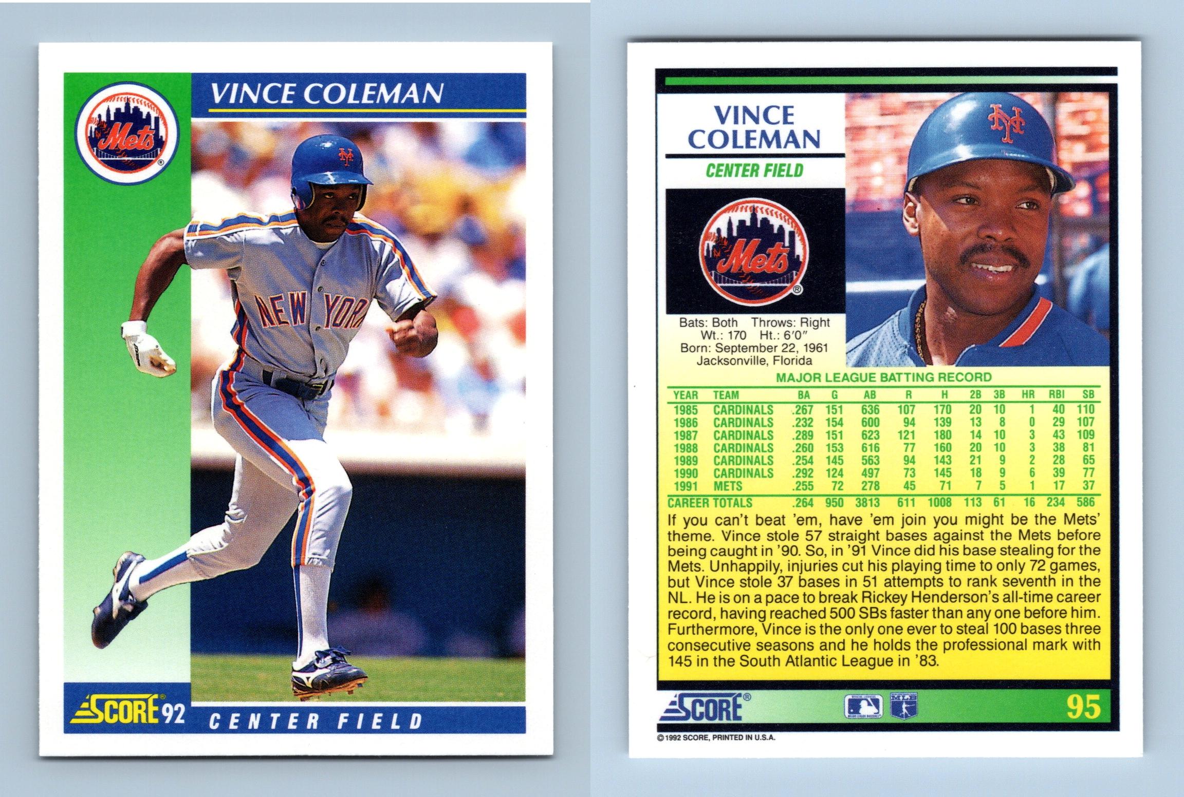 Vince Coleman - Mets - #95 Score 1992 Baseball Trading Card
