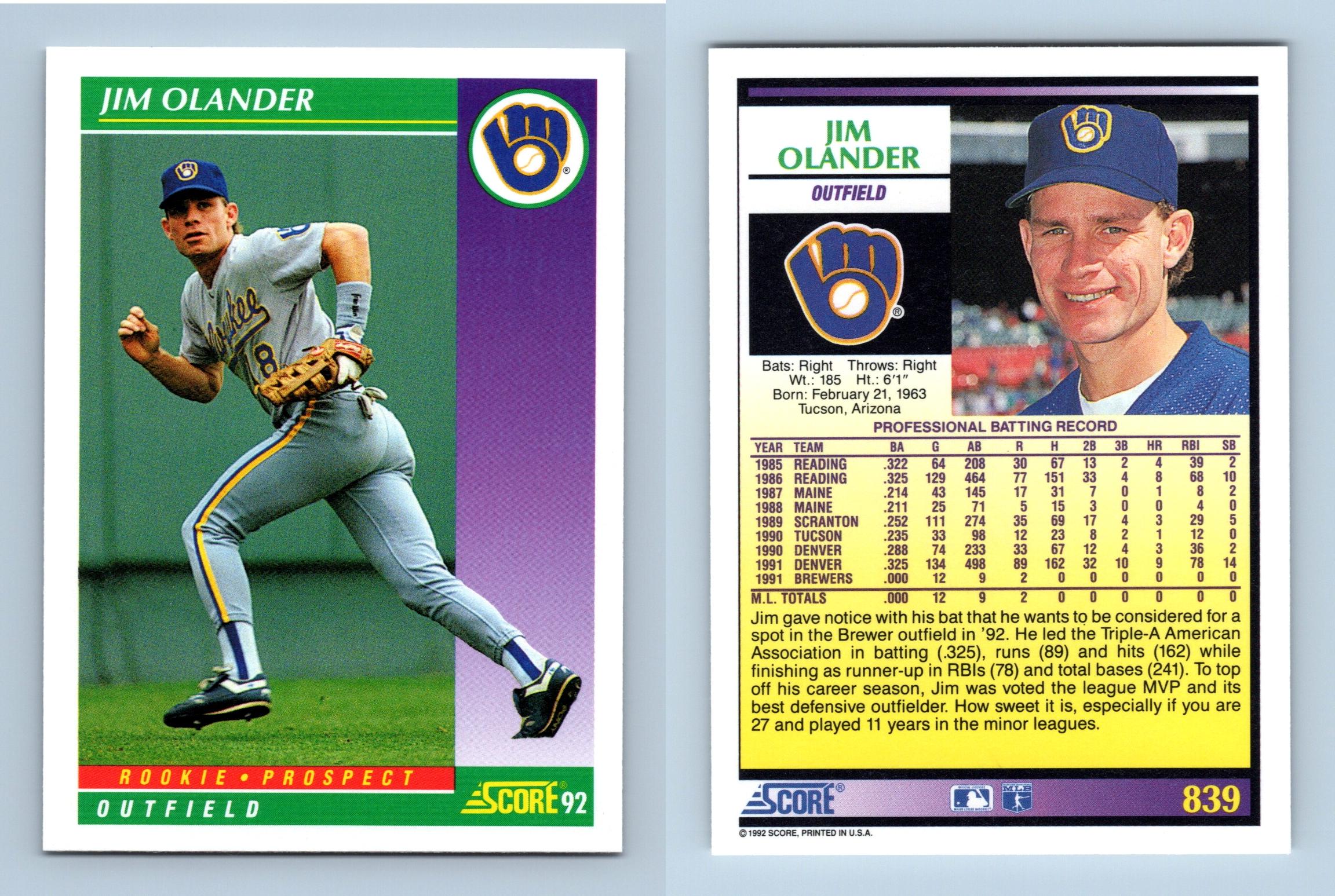 Jim Olander - Brewers - #839 Score 1992 Baseball RC Trading Card