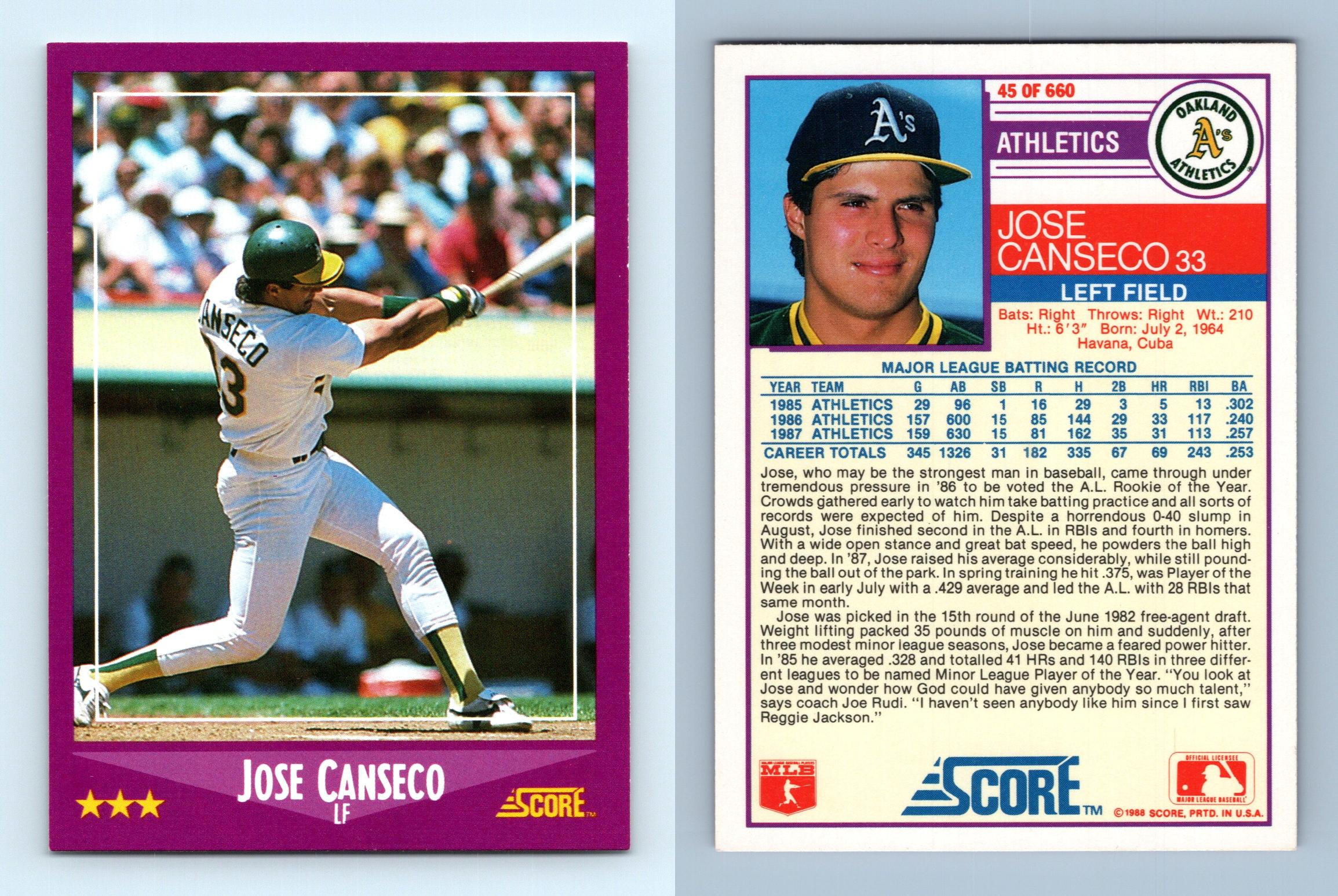 Jose Canseco - Athletics #45 Score 1988 Baseball Trading Card