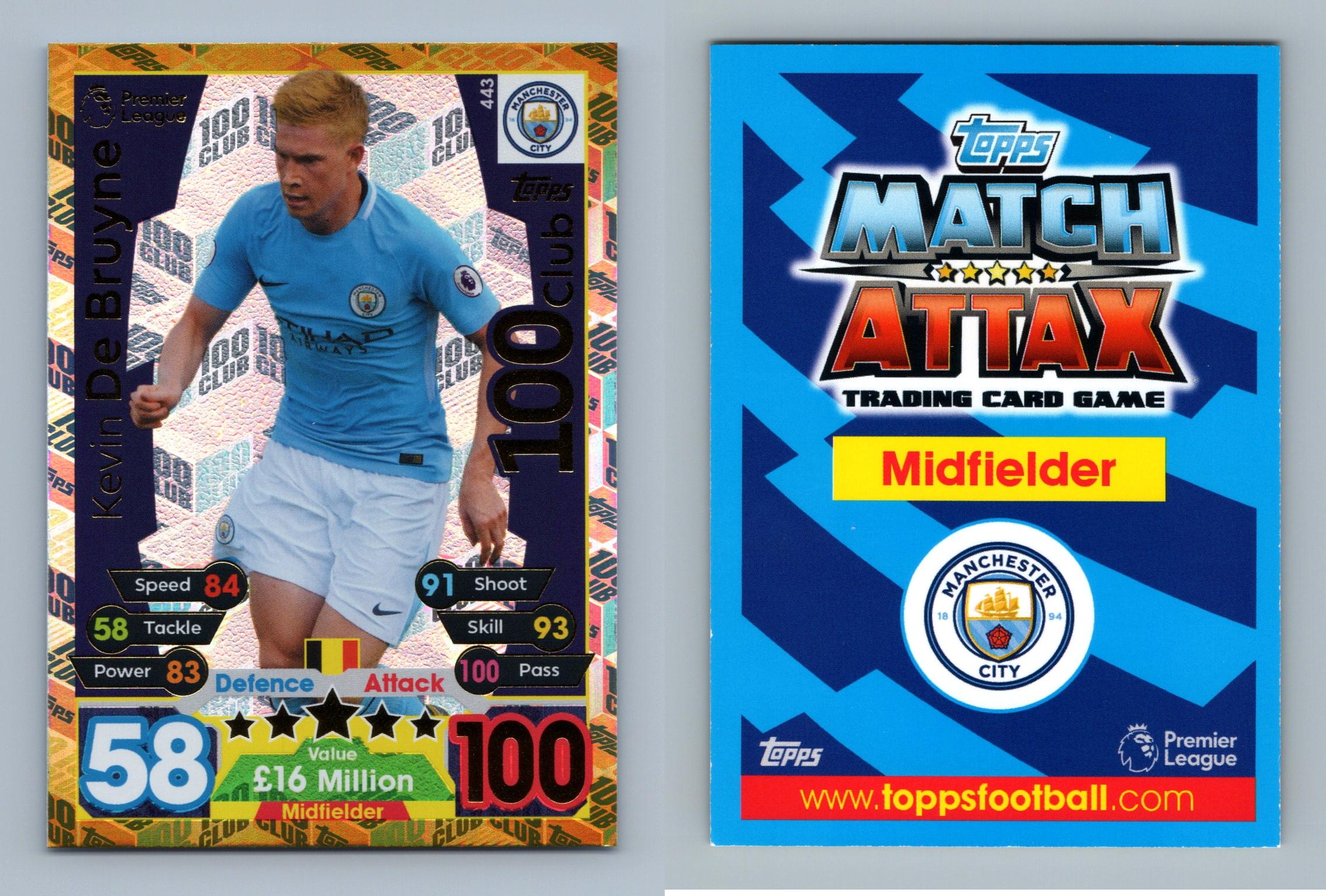 Kevin De Bruyne #443 Match Attax Premier League 2017-18 Topps 100 Club TCG