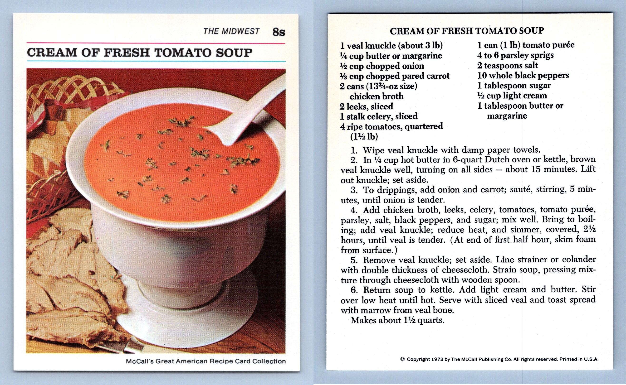 Cream Of Fresh Tomato Soup 8S Midwest McCall's Great American Recipe Card