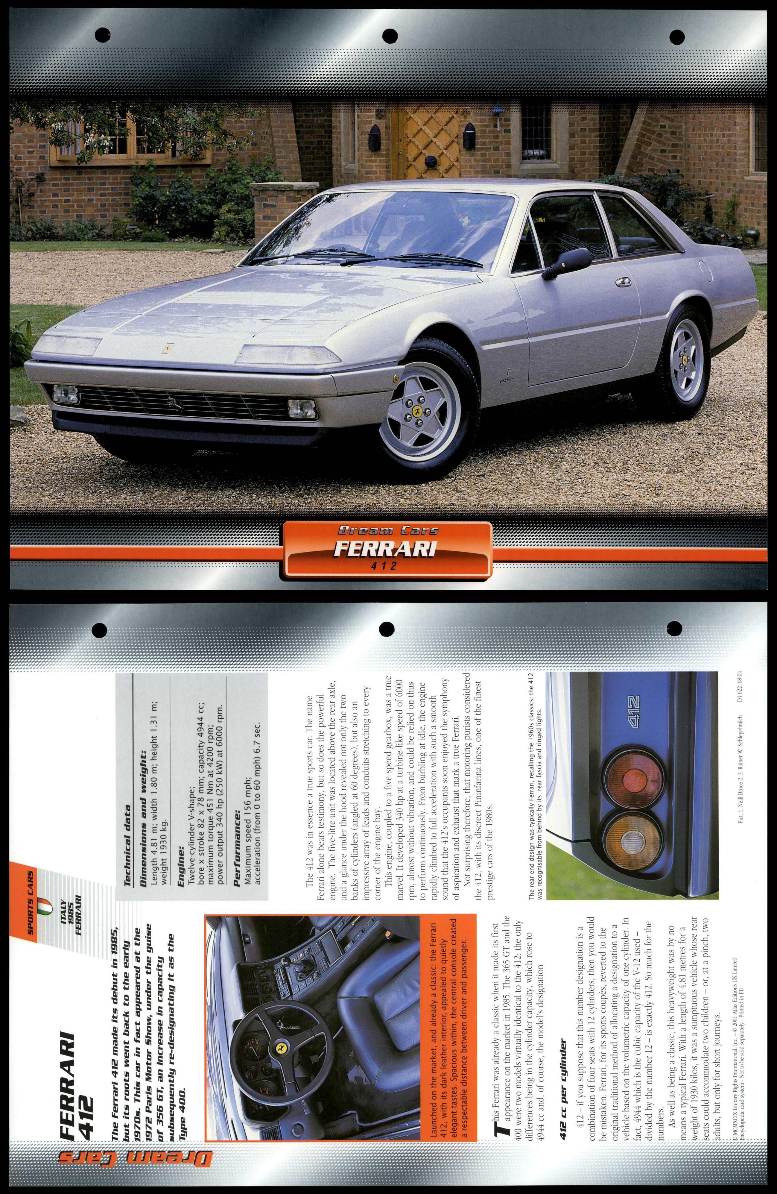 Ferrari 412 1985 Sports Atlas Dream Cars Fact File Card