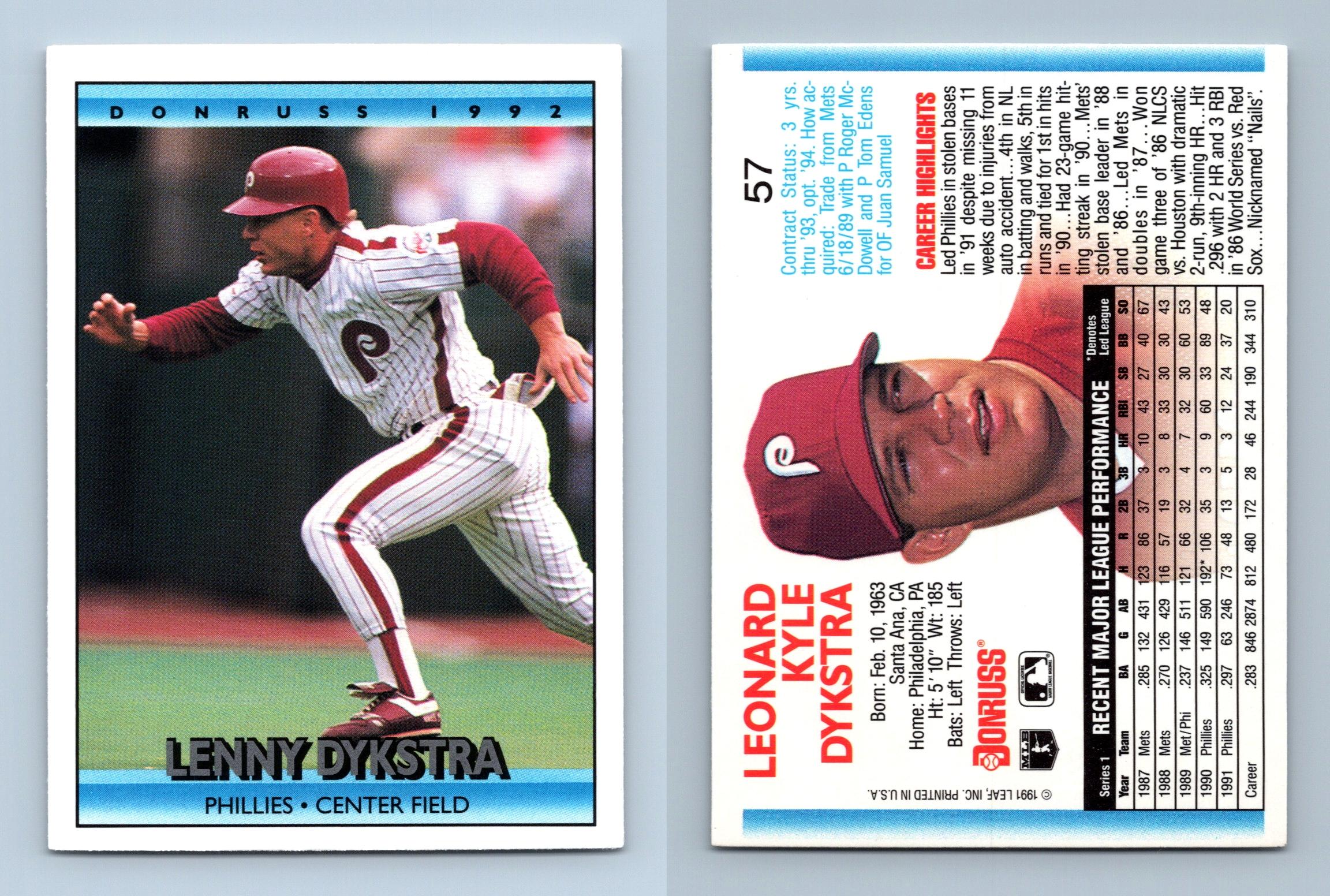 Lenny Dykstra - Phillies #57 Donruss 1992 Baseball Trading Card