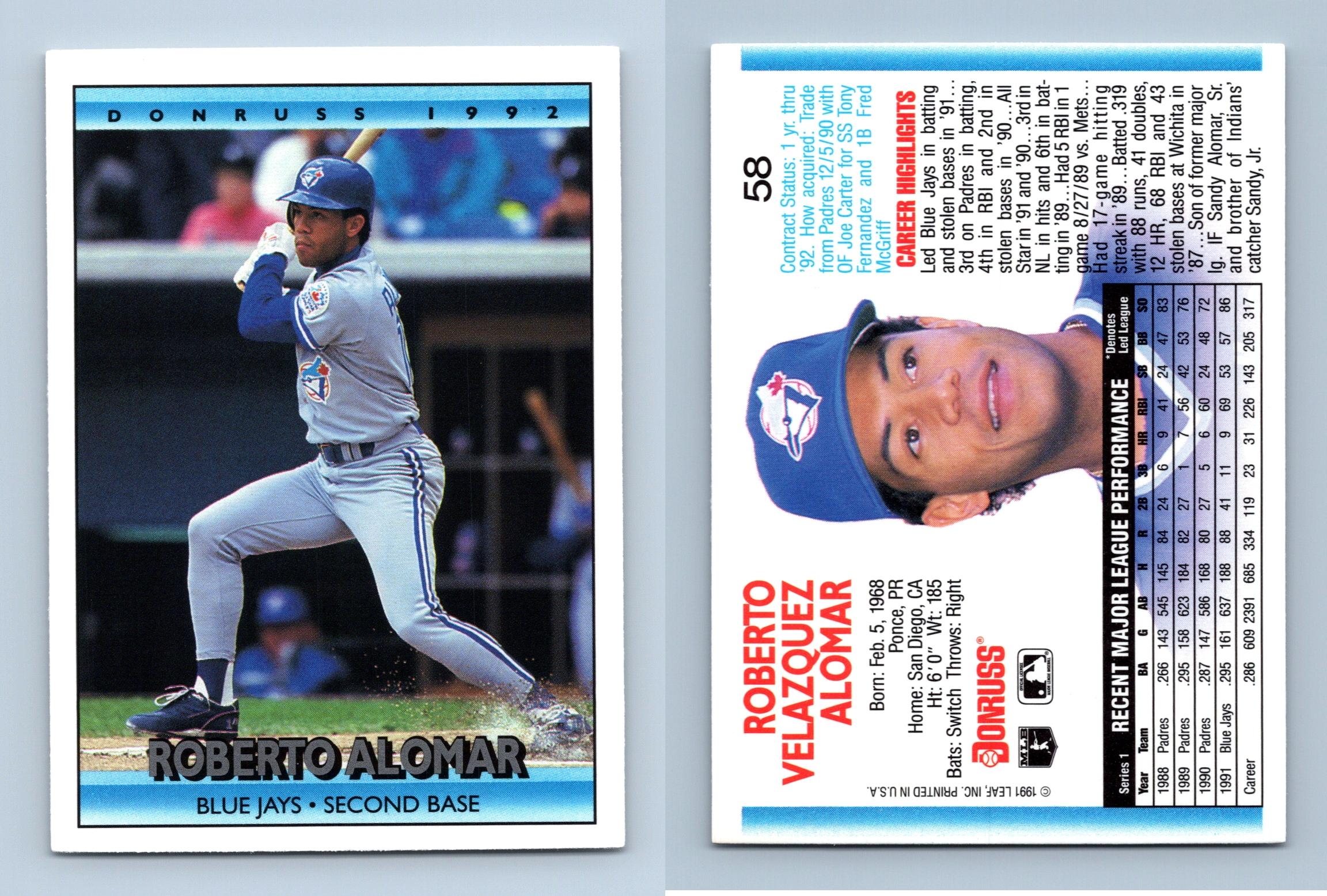 Roberto Alomar - Blue Jays #58 Donruss 1992 Baseball Trading Card
