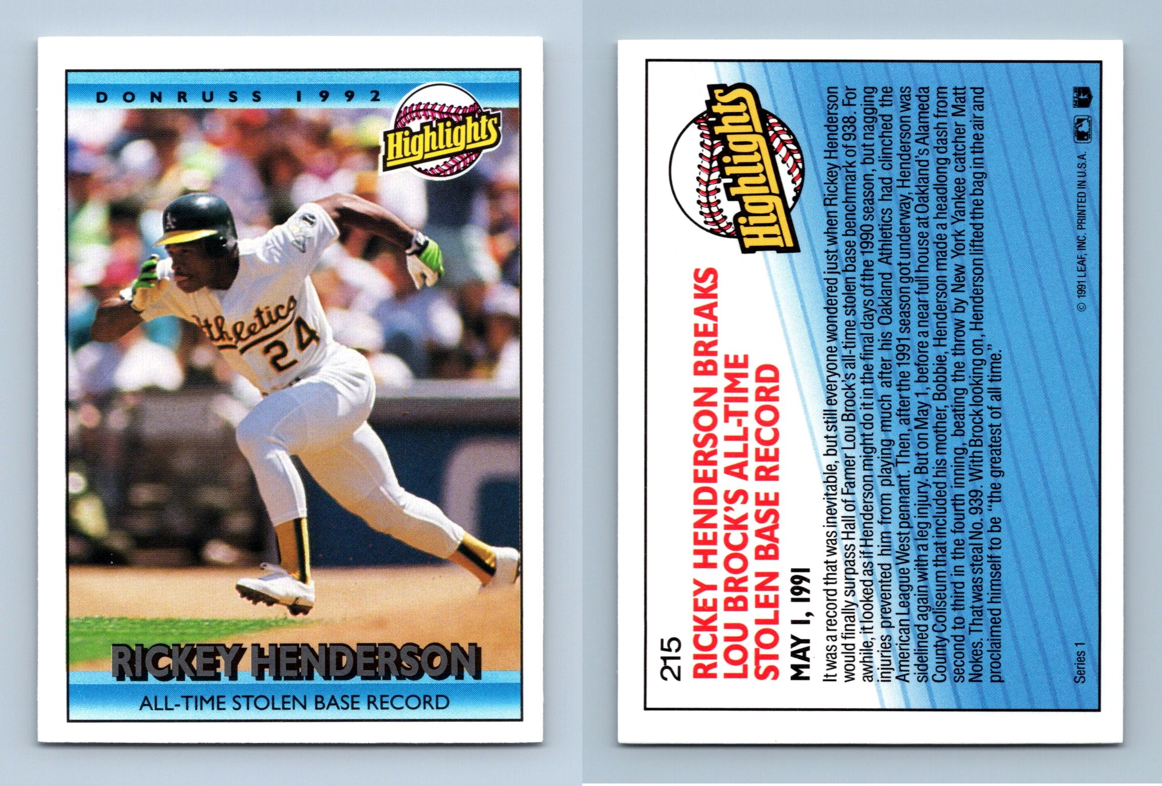 1992 Donruss Rickey Henderson Card # 215 All Time Stolen Base