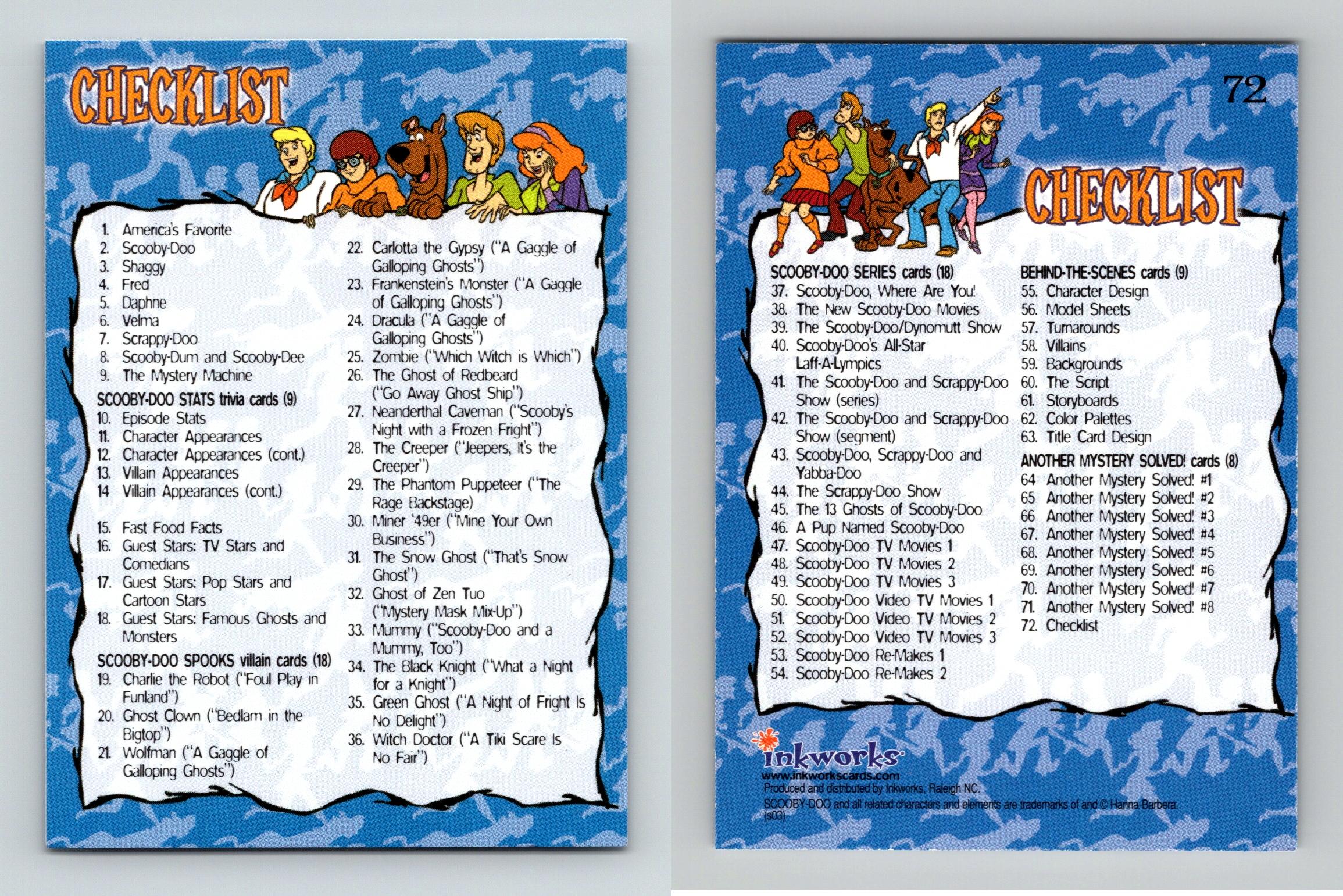 Checklist #72 Scooby-Doo Mysteries & Monsters 2003 Inkworks Card