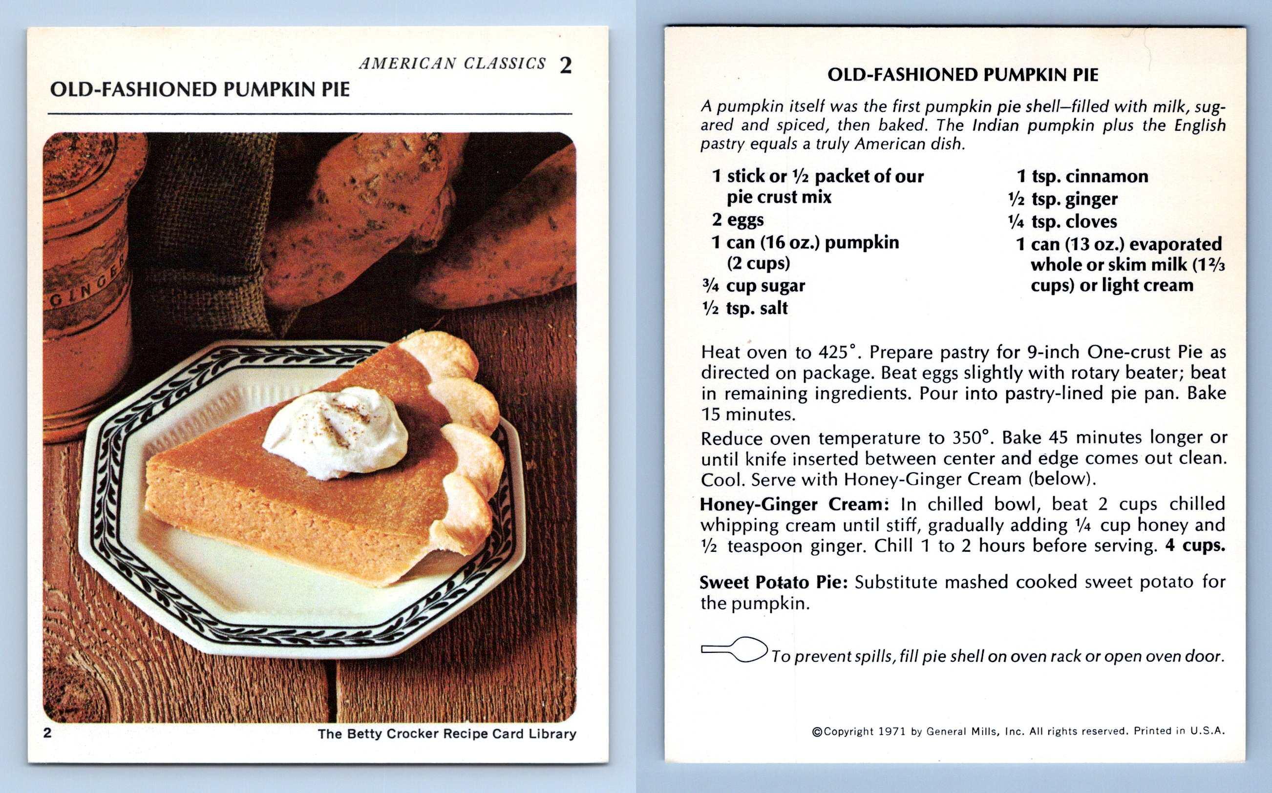 Pumpkin Pie 2 American Classics Betty Crocker 1971 Recipe Card