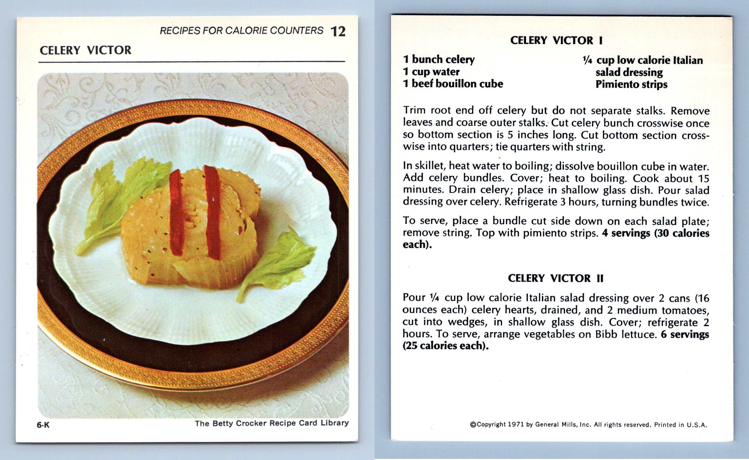 Celery Victor 12 Calorie Counters Betty Crocker 1971 Recipe Card