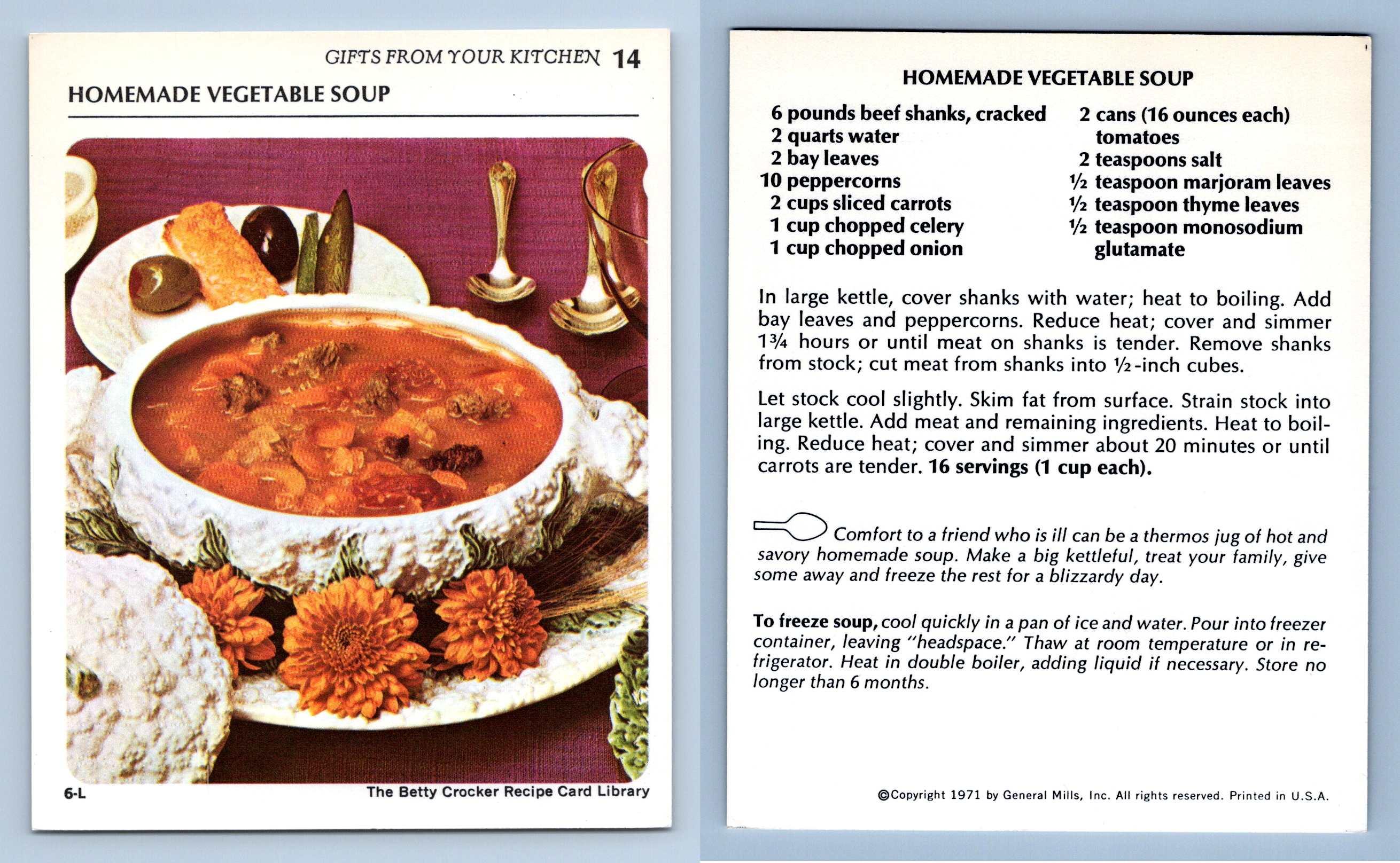 Homemade Vegetable Soup 14 Gifts Betty Crocker 1971 Recipe Card