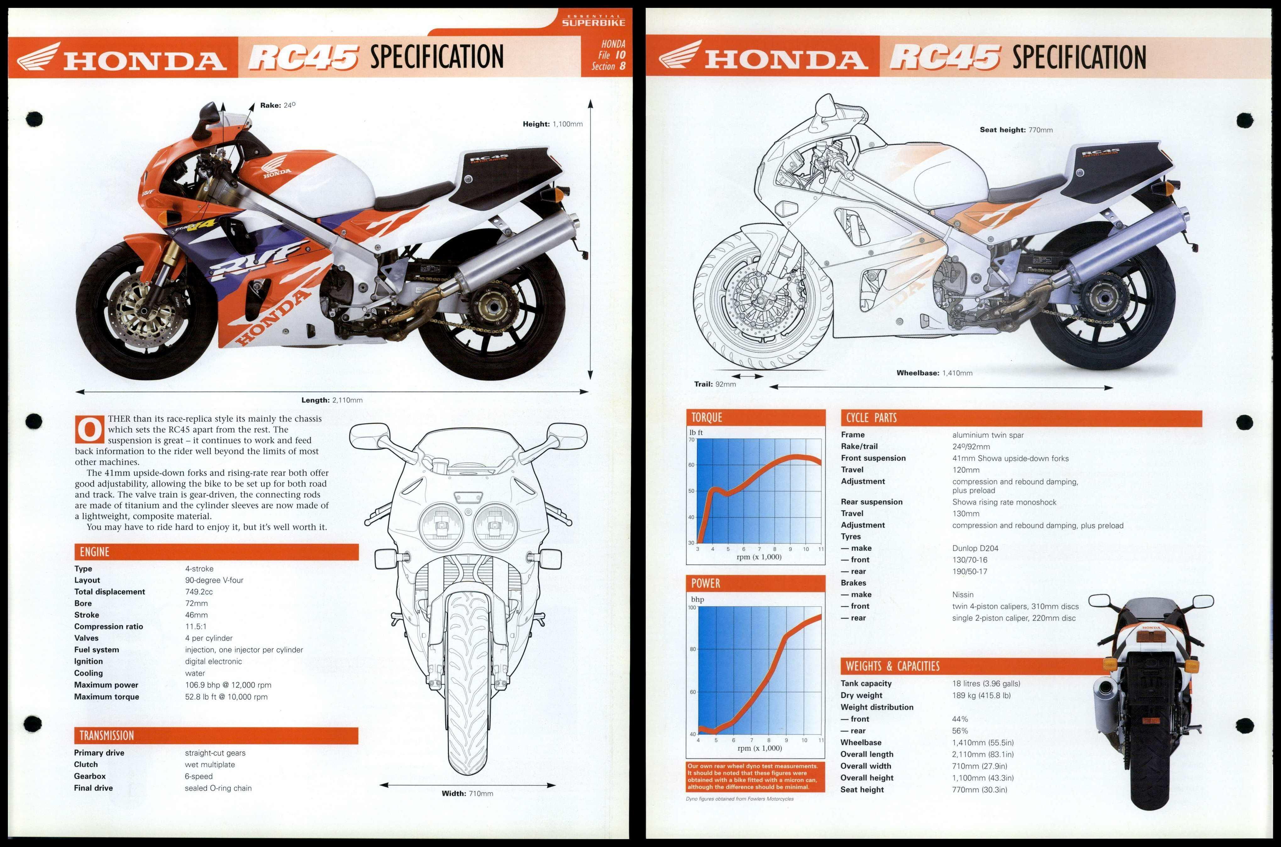 Honda RC45 - Specification - Essential Superbike Data File Page