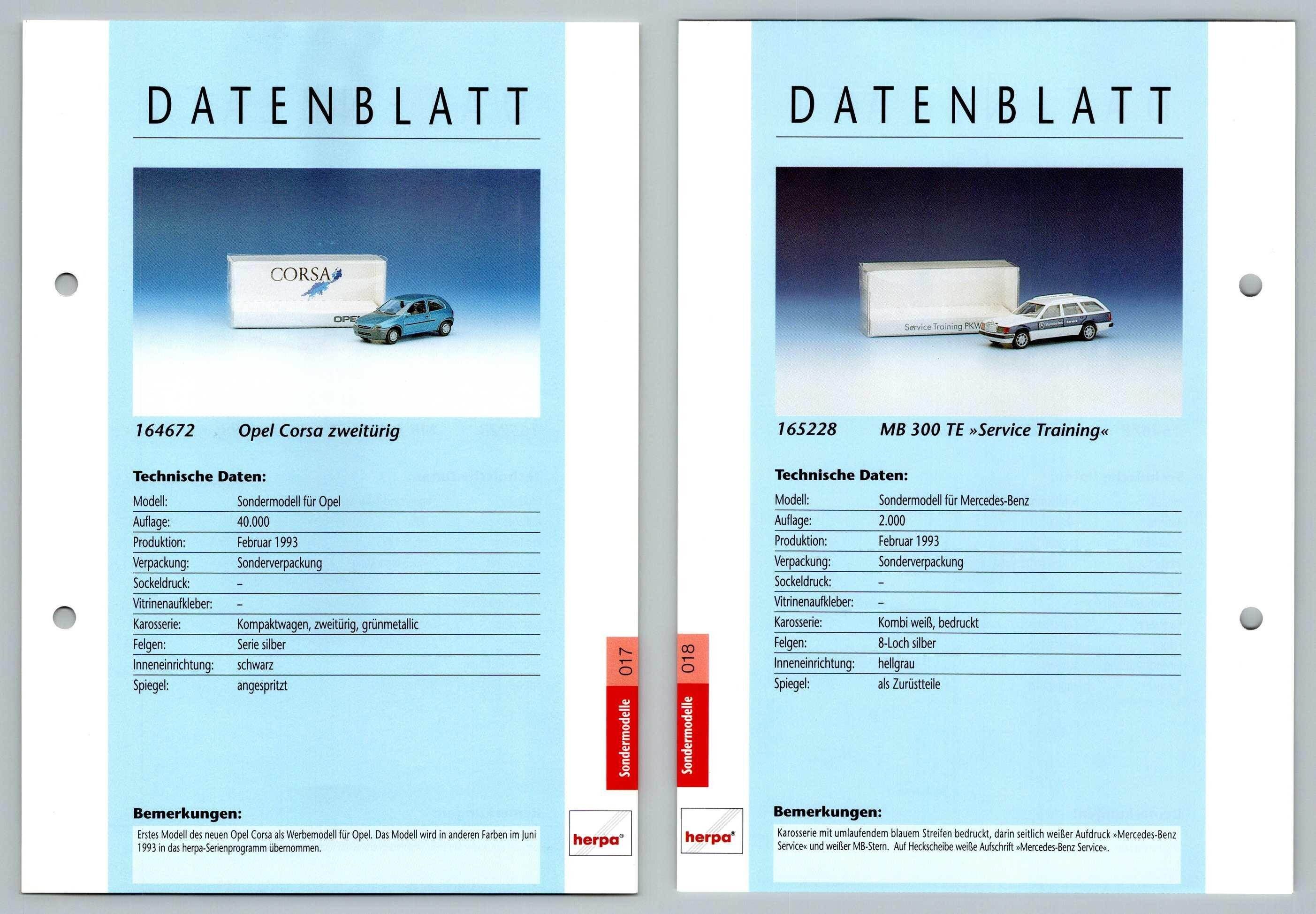 Opel Corsa Mb 300te 17 18 Sondermodelle Datenblatt Herpa Data Sheet