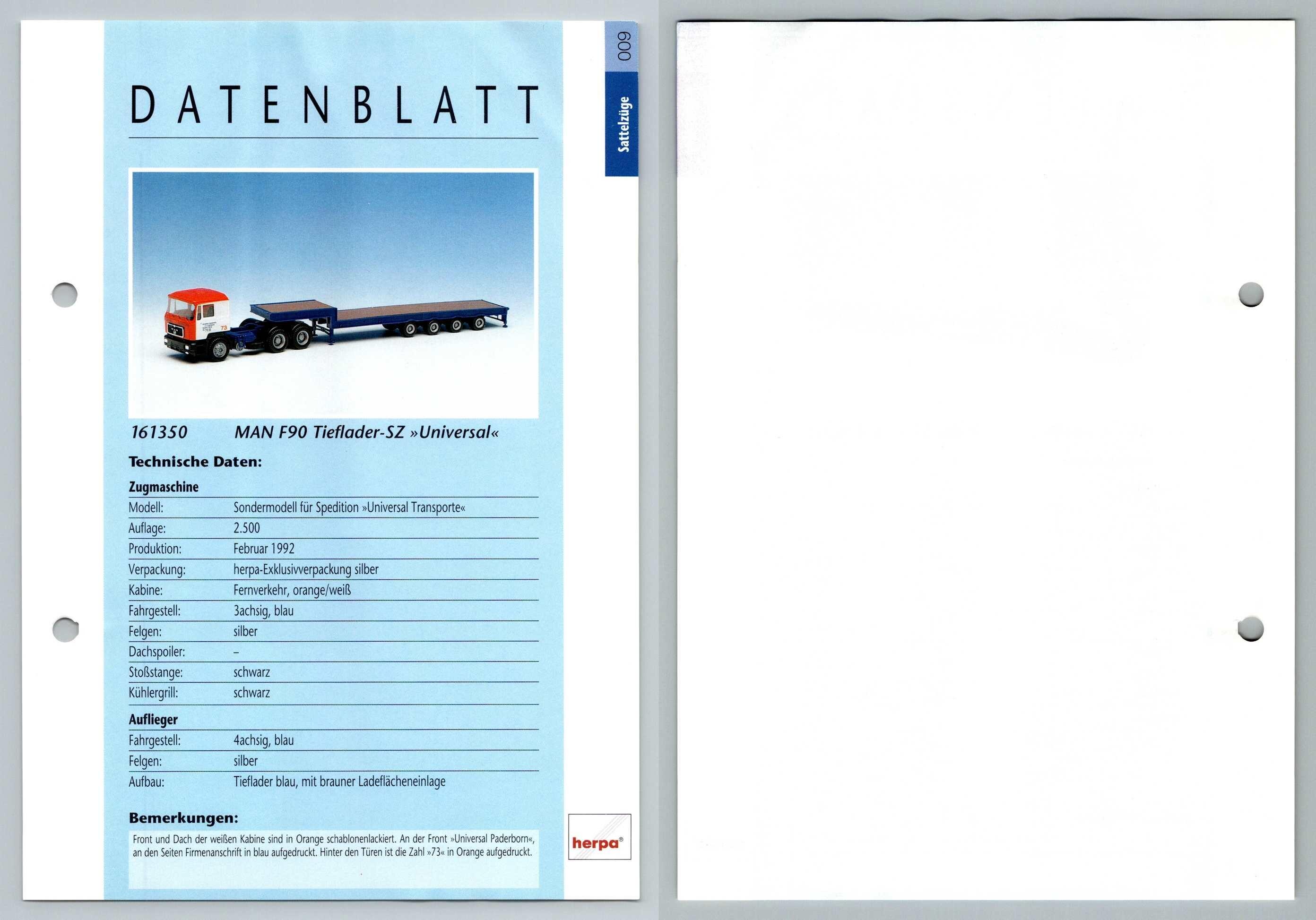 Man F90 Tieflader Sz 9 Sattelzuge Datenblatt Herpa Data Sheet