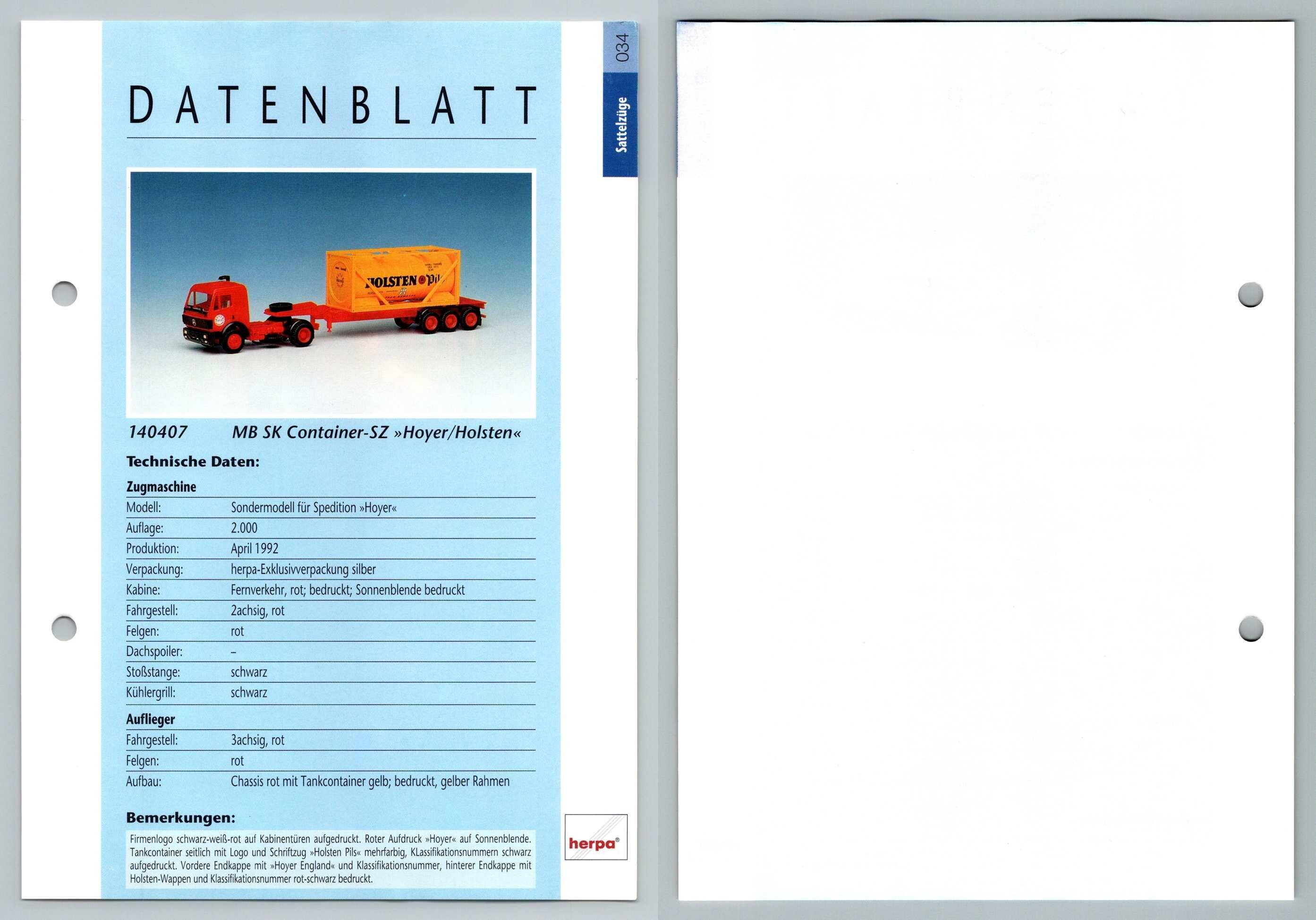 Mb Sk Container Sz Holsten 34 Sattelzuge Datenblatt Herpa Data Sheet