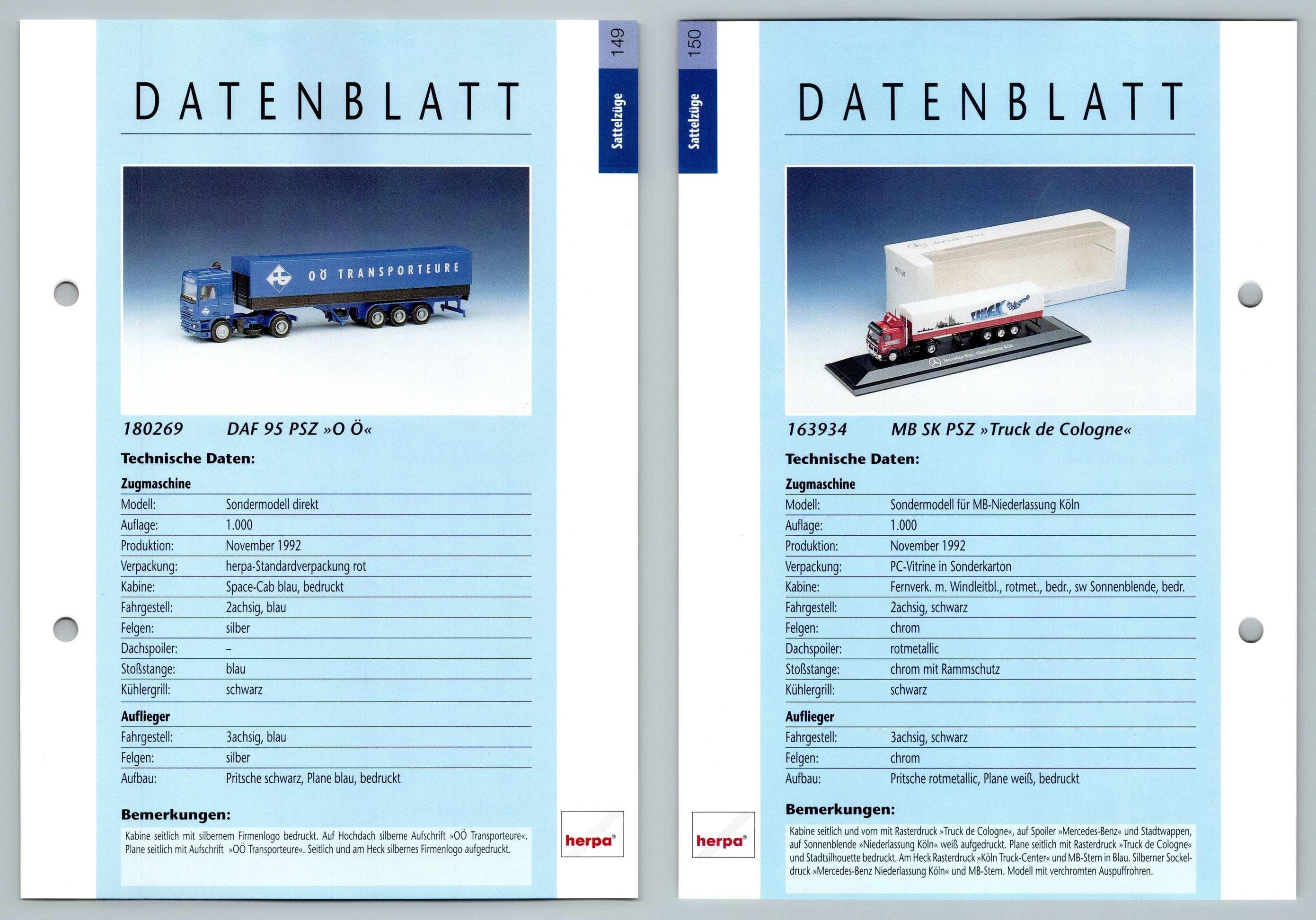 Daf 95 Psz Mb Sk Psz 149 150 Sattelzuge Datenblatt Herpa Data Sheet