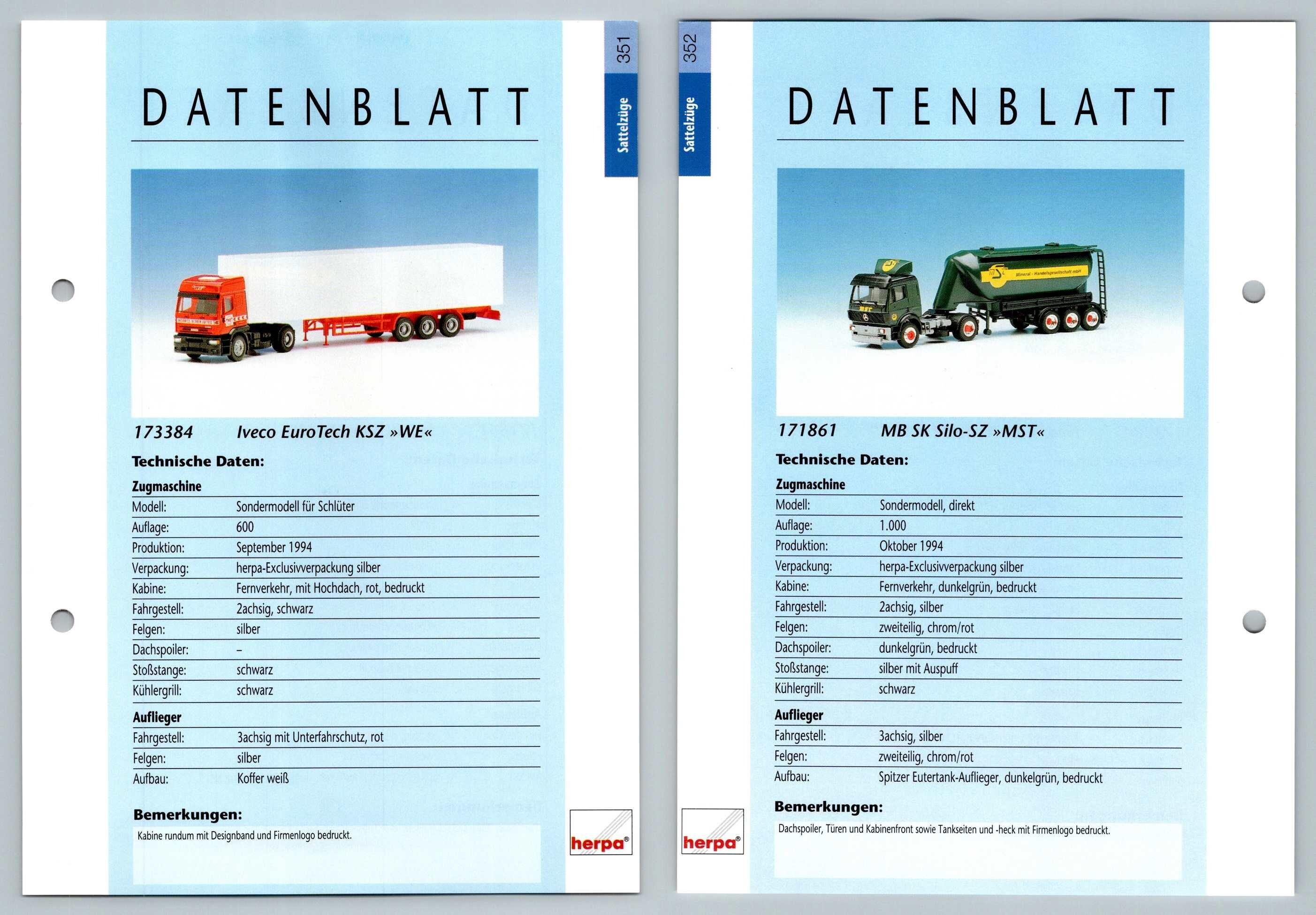 Iveco Eurotech Mb Sk Silo Sz 351 352 Sattelzuge Datenblatt Herpa