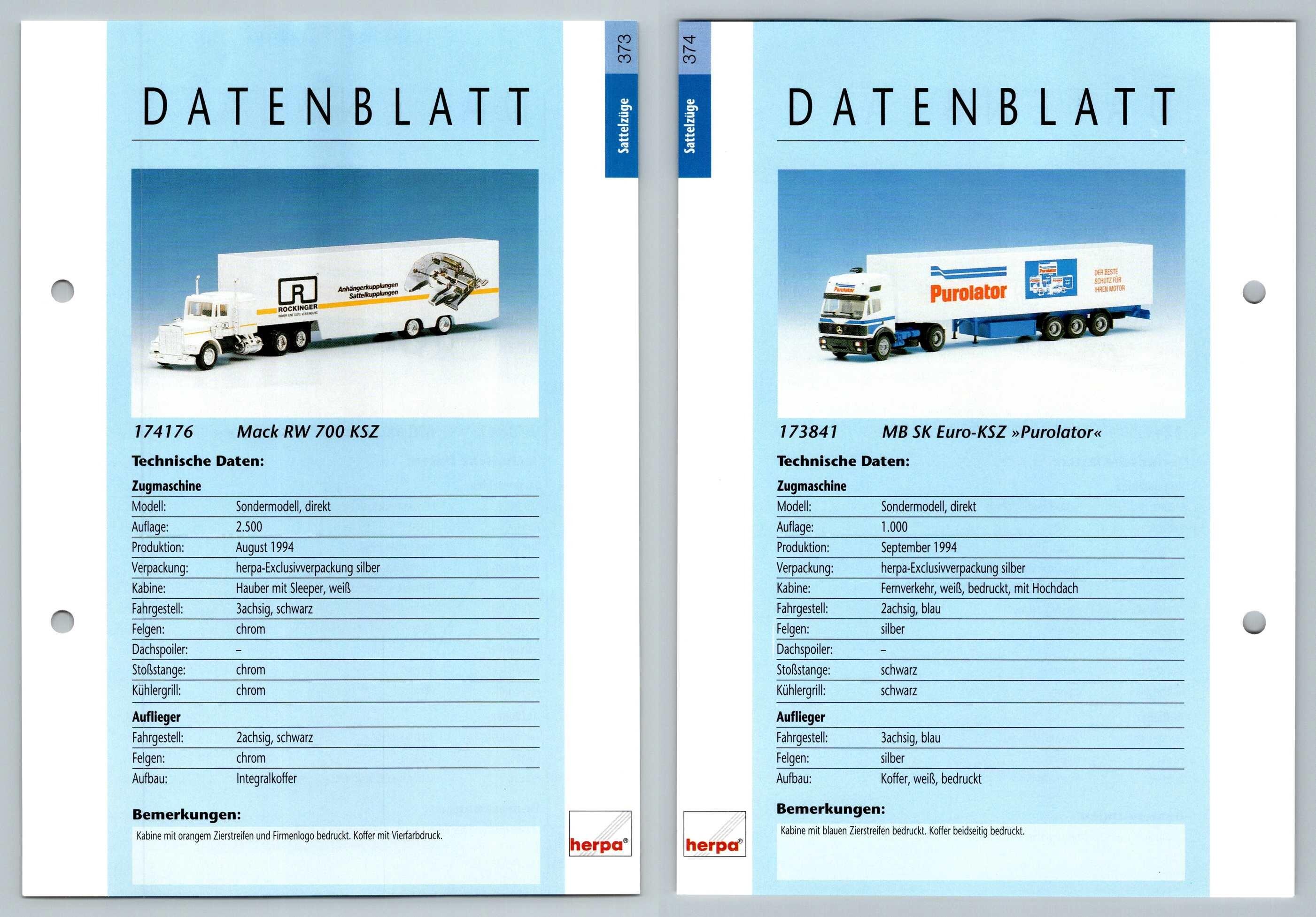 Mack Rw 700 Mb Sk Euro Ksz 373 4 Sattelzuge Datenblatt Herpa Data