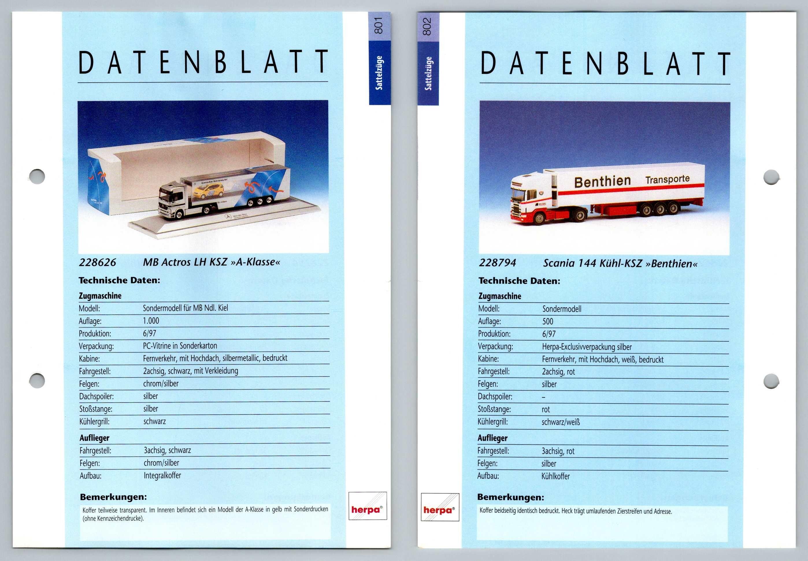 Mb Actros Lh Scania 144 801 2 Sattelzuge Datenblatt Herpa Data Sheet