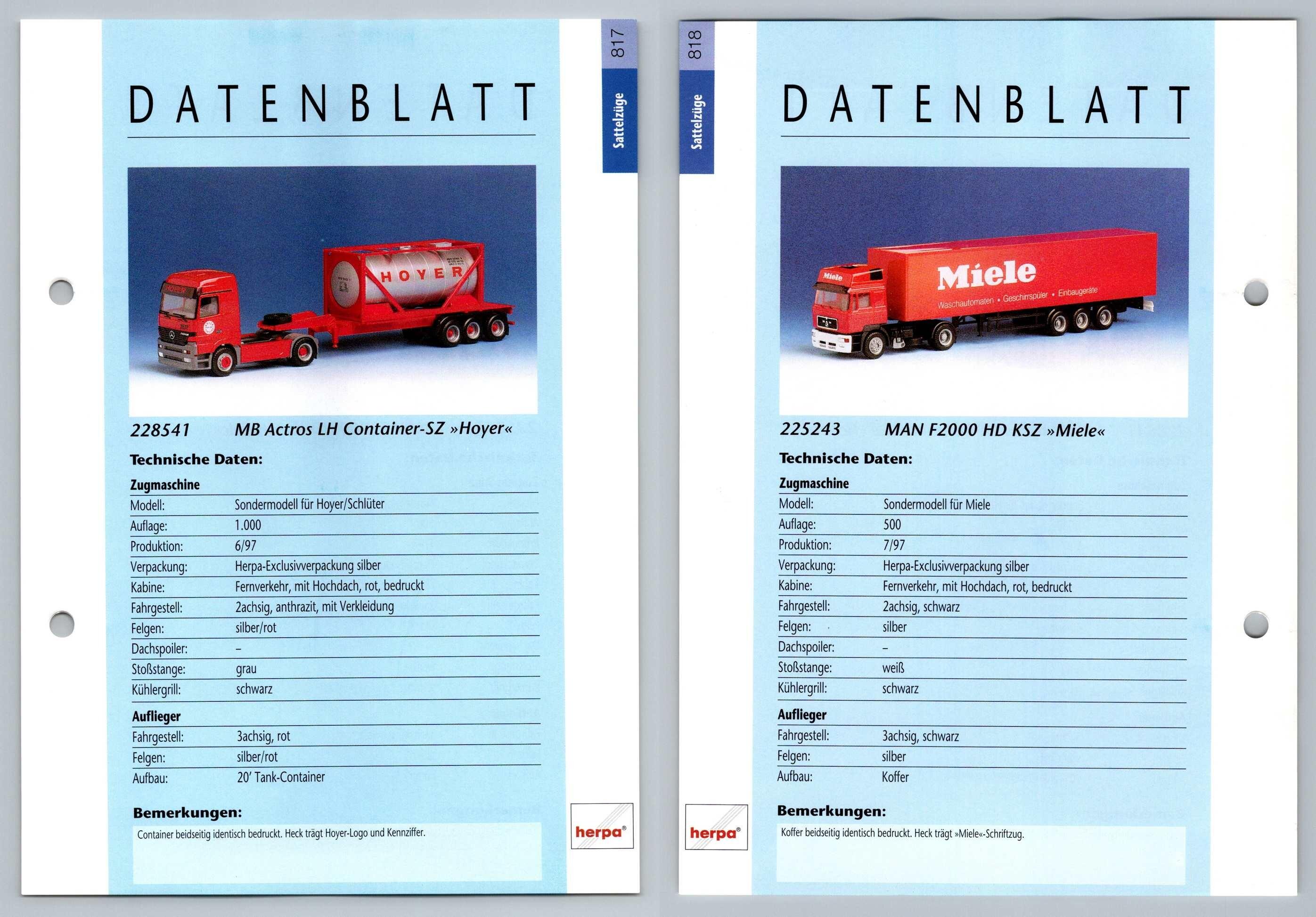 Mb Actros Lh Man F2000 Hd 817 8 Sattelzuge Datenblatt Herpa Data Sheet