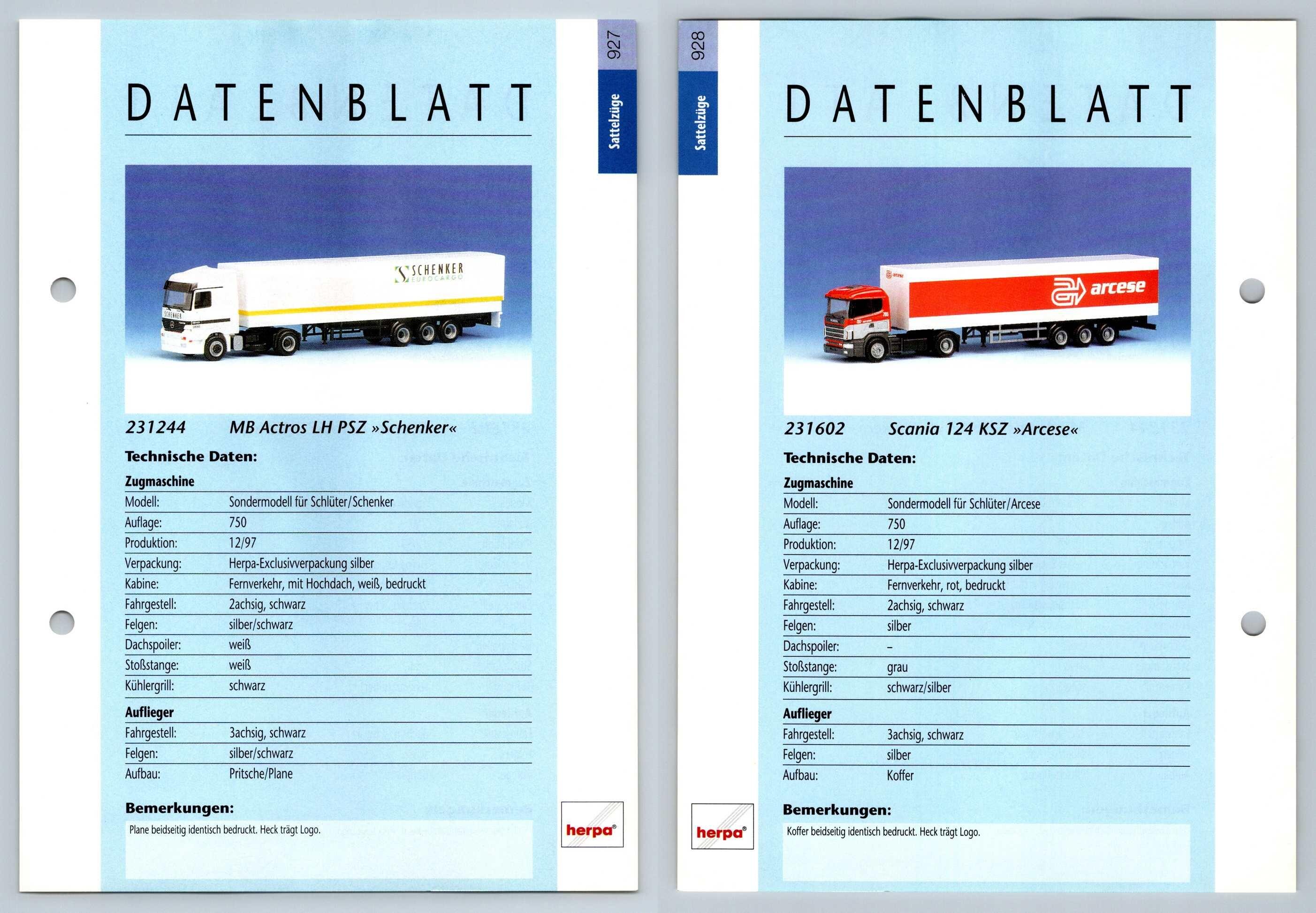 Mb Actros Lh Scania 124 927 8 Sattelzuge Datenblatt Herpa Data Sheet