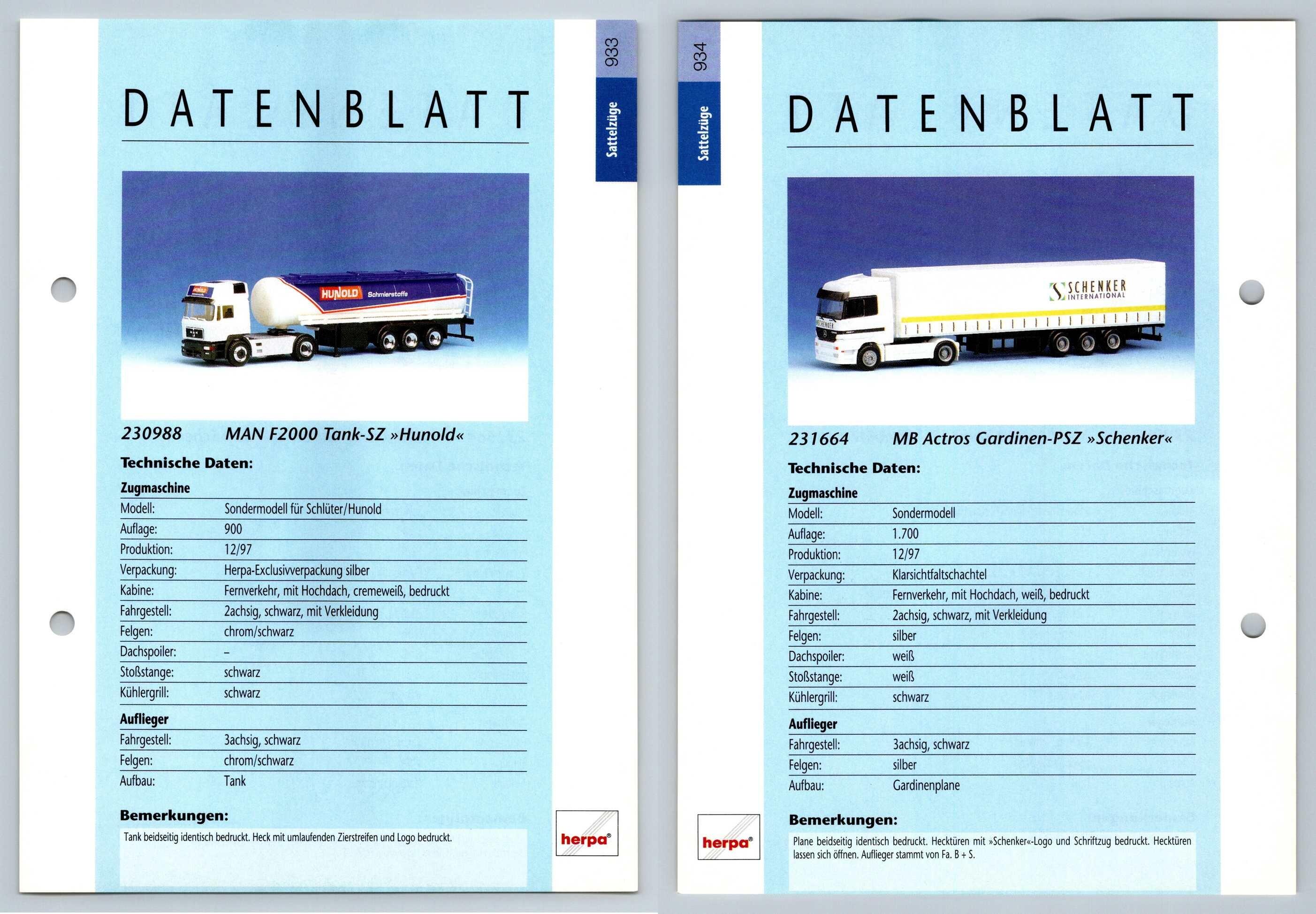 Man F2000 Tank Mb Actros 933 4 Sattelzuge Datenblatt Herpa Data Sheet