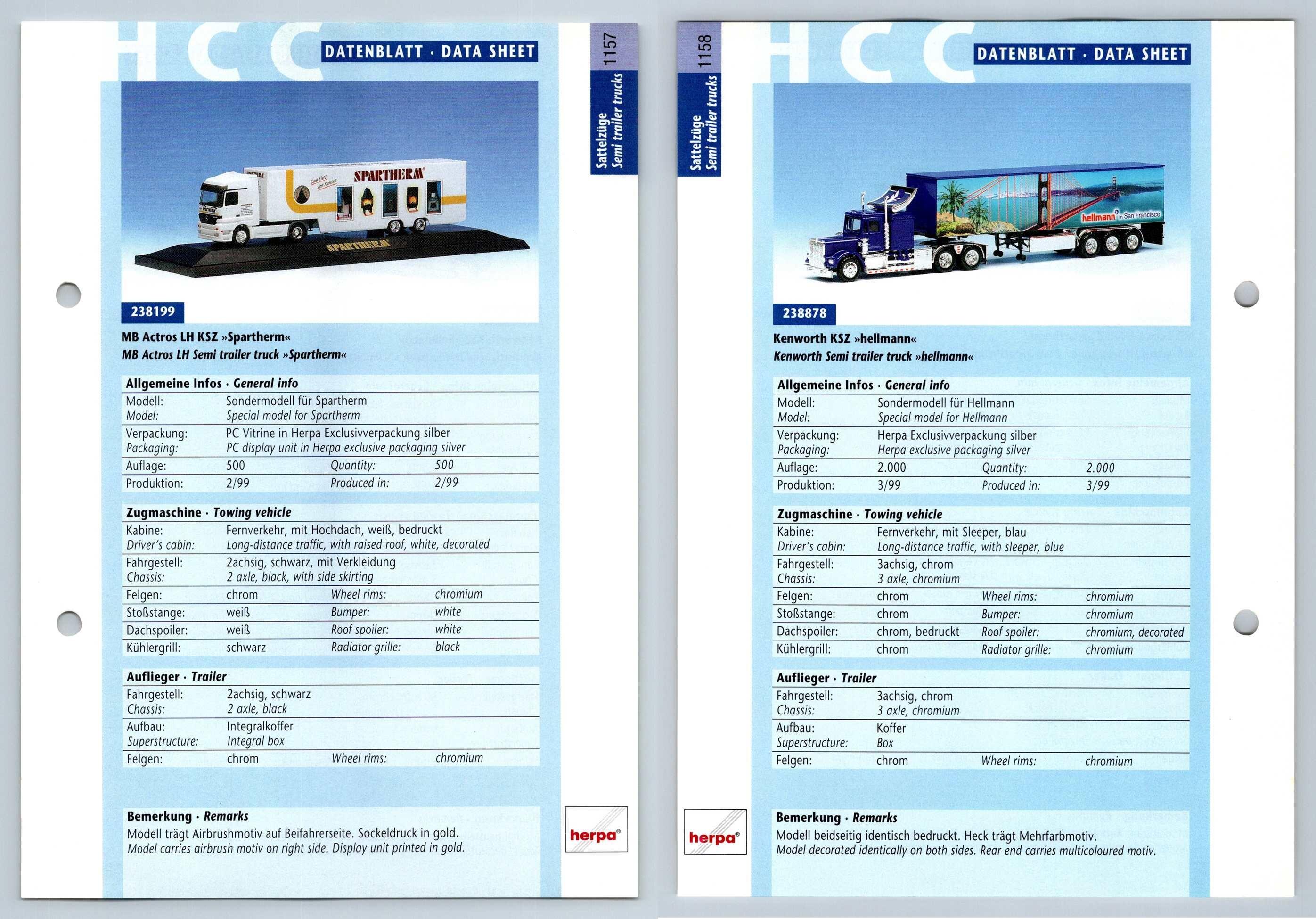 Mb Actros Lh Kenworth Ksz 1157 8 Sattelzuge Datenblatt Herpa Data