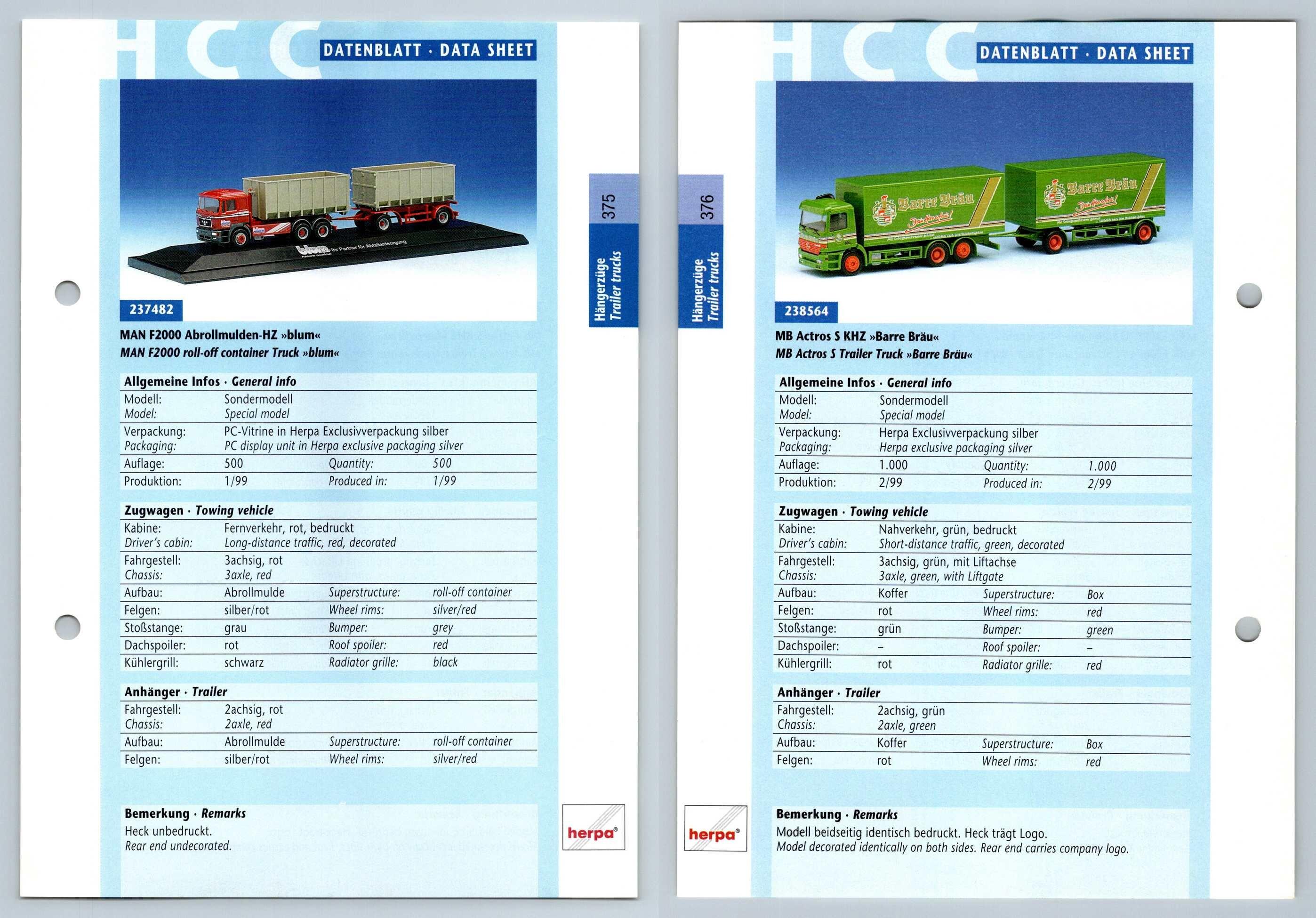 Man F2000 Mb Actros S Khz 375 6 Hangerzuge Datenblatt Herpa Data Sheet